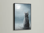 The Cat Moon Canvas Print is showcased in a sleek black frame. The dark frame adds a modern touch to the celestial artwork. This kitten canvas is perfect for any room needing a dreamy decor. Enhance your home with this unique pet lover gift. Perfect for a cozy reading nook.