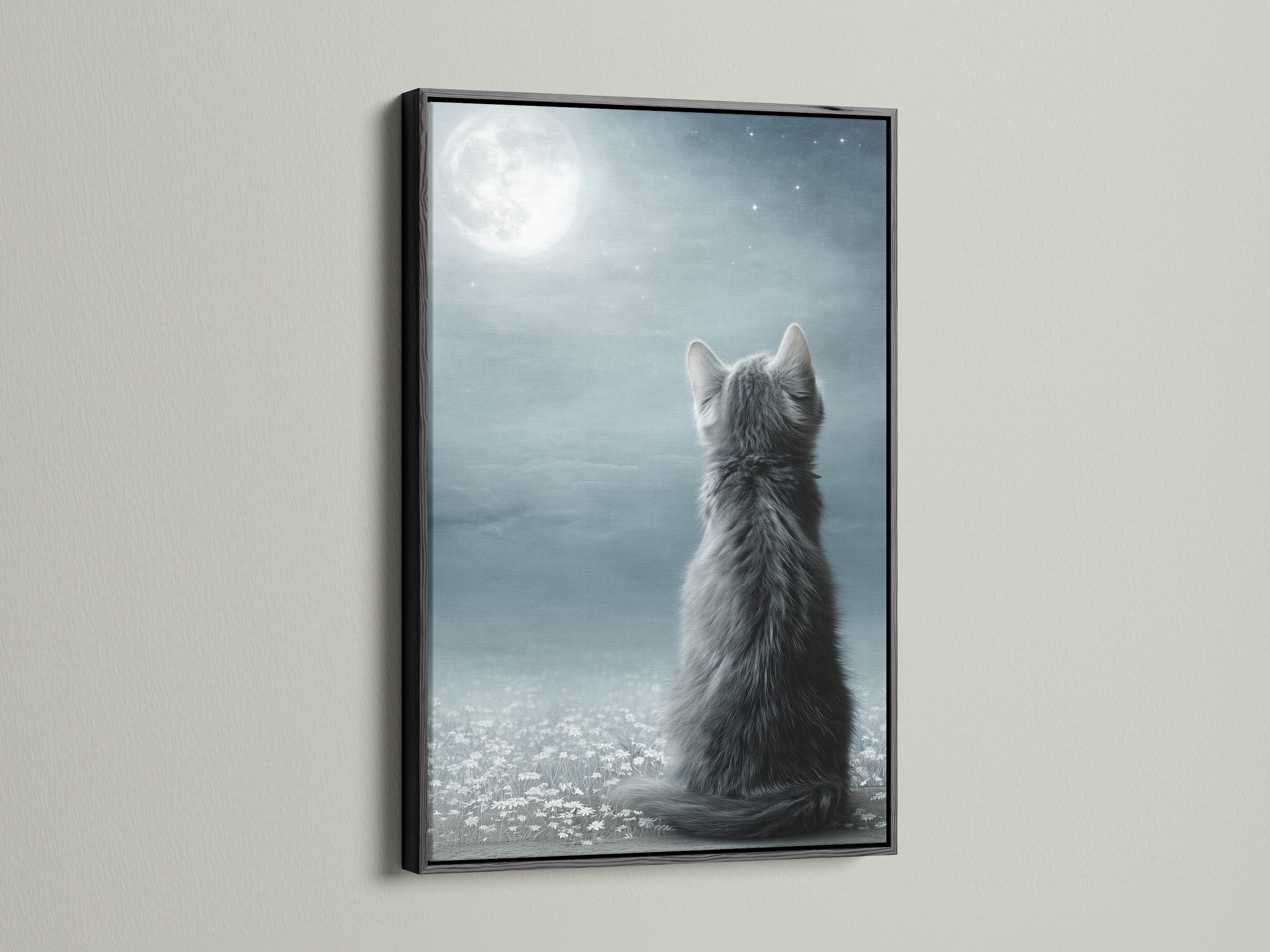 The Cat Moon Canvas Print is showcased in a sleek black frame. The dark frame adds a modern touch to the celestial artwork. This kitten canvas is perfect for any room needing a dreamy decor. Enhance your home with this unique pet lover gift. Perfect for a cozy reading nook.