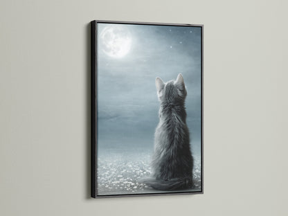 The Cat Moon Canvas Print is showcased in a sleek black frame. The dark frame adds a modern touch to the celestial artwork. This kitten canvas is perfect for any room needing a dreamy decor. Enhance your home with this unique pet lover gift. Perfect for a cozy reading nook.
