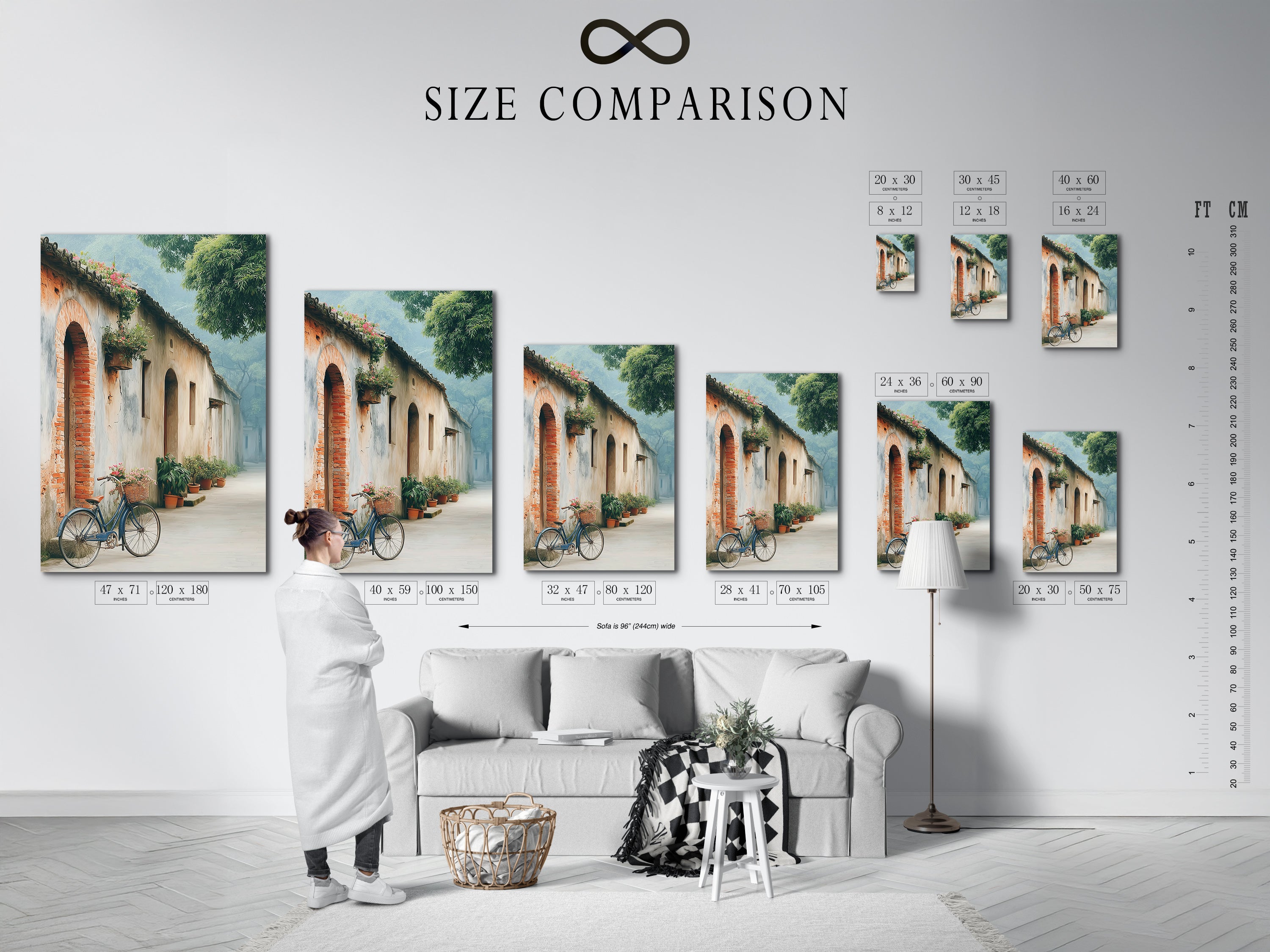 Size comparison chart displayed in an interior setting. Illustrating various sizes of vintage bicycle art prints. Helping you visualize the artwork in your space. Choose the perfect size for your rustic European street scene. Options include canvas and posters.
