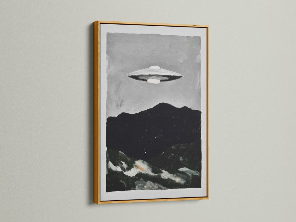 UFO Sci-Fi art print in a gold frame. The gold frame enhances the vintage space print. Perfect for living room wall art bedroom wall decor or office wall art. The secondary color is gray.