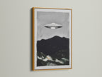 UFO Sci-Fi art print in a gold frame. The gold frame enhances the vintage space print. Perfect for living room wall art bedroom wall decor or office wall art. The secondary color is gray.