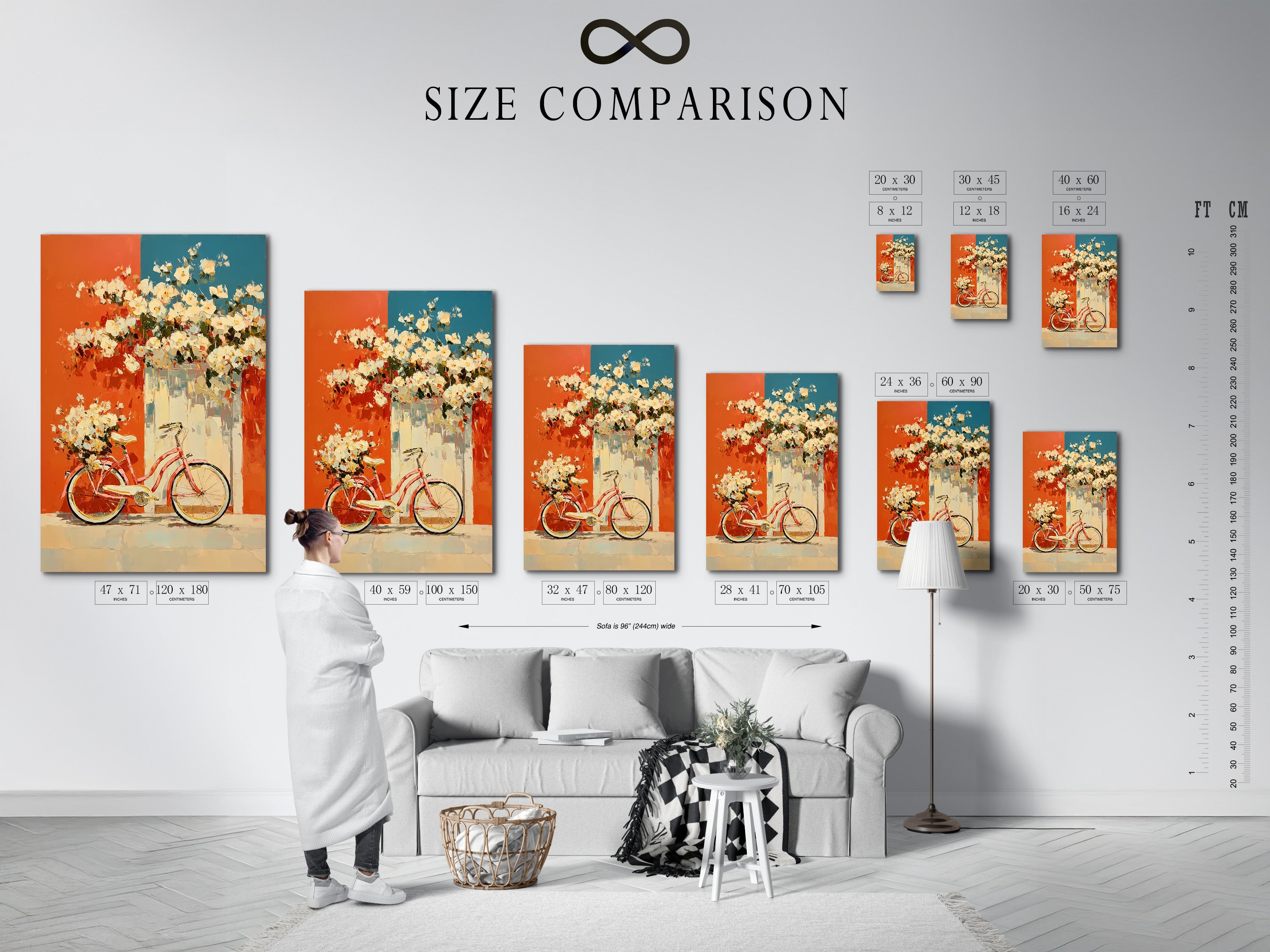 A size comparison chart displayed in an interior setting. This chart helps visualize the different sizes available for the vintage bicycle artwork. The artwork features floral accents in coral and teal. It makes it easier to choose the perfect size for your space. It is perfect for kitchen or living room decor.