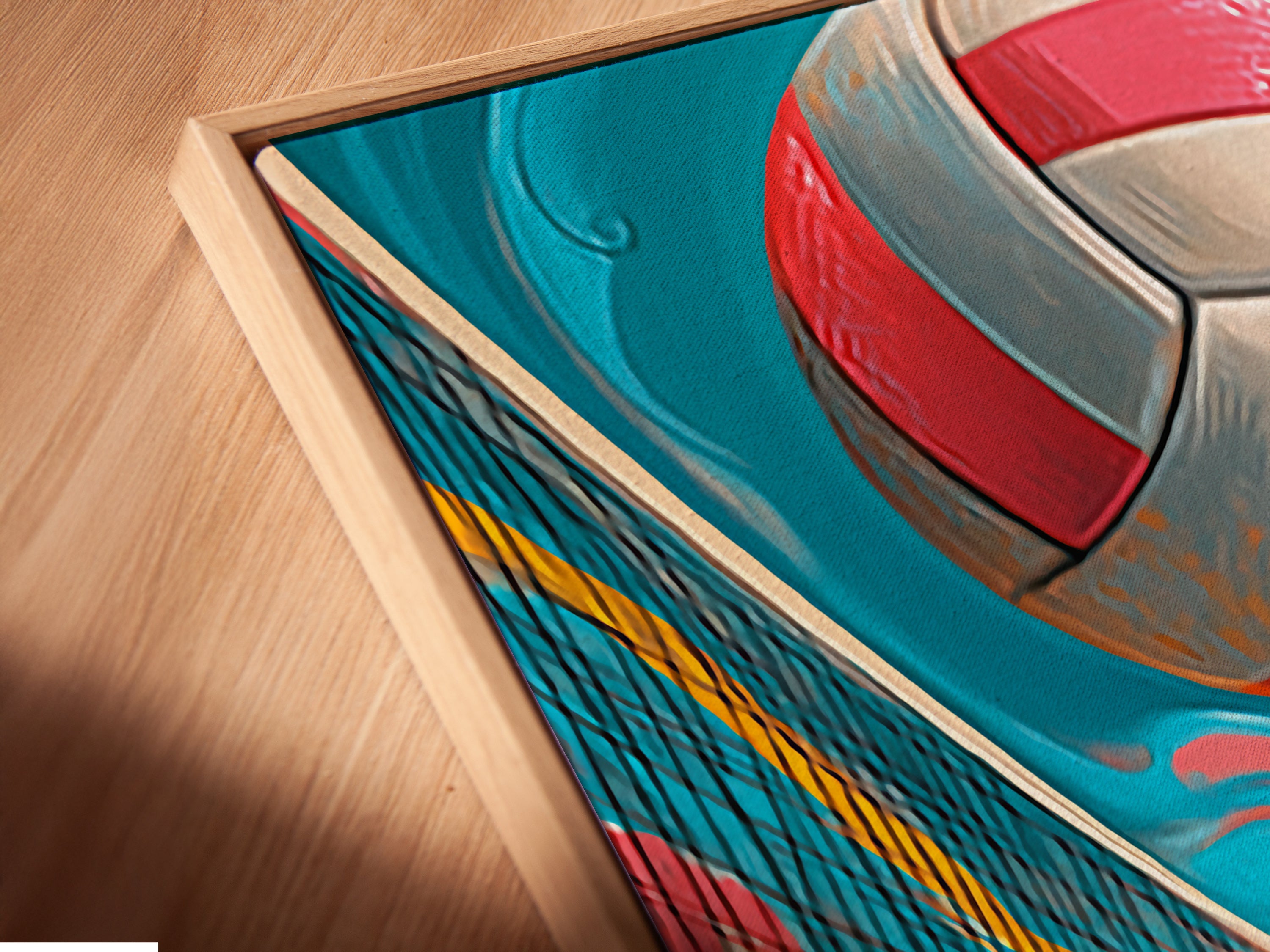 A close-up of a canvas print in a floating frame. The volleyball beach artwork looks stunning. This summer print is perfect for teen room decor. The floating frame enhances the coastal artwork.