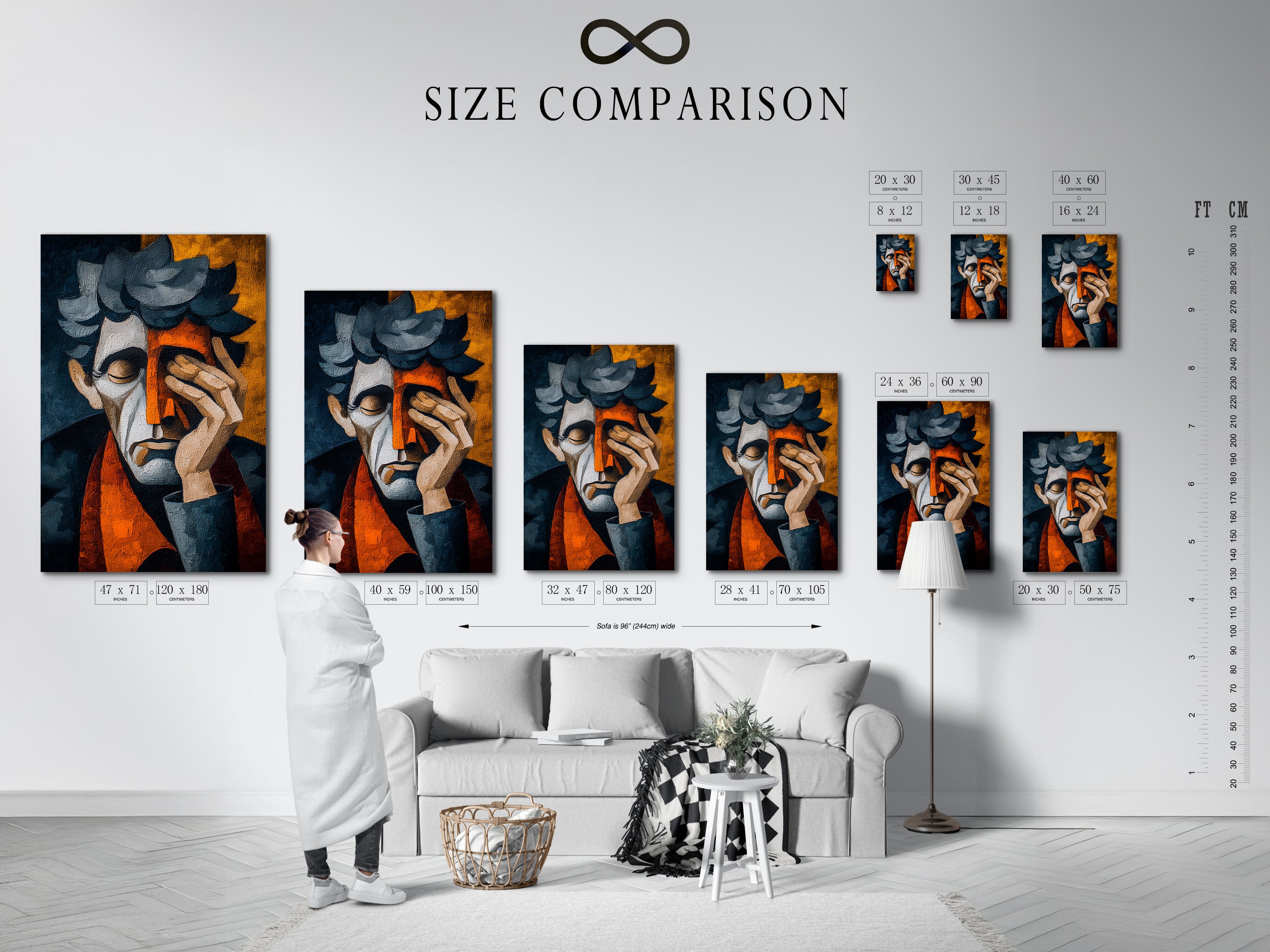A size comparison chart in an interior setting. The chart helps visualize different art sizes. The art is displayed in a living room. The sizes accommodate different spaces. Find the perfect size for your home. See how the artwork fits in a real setting.