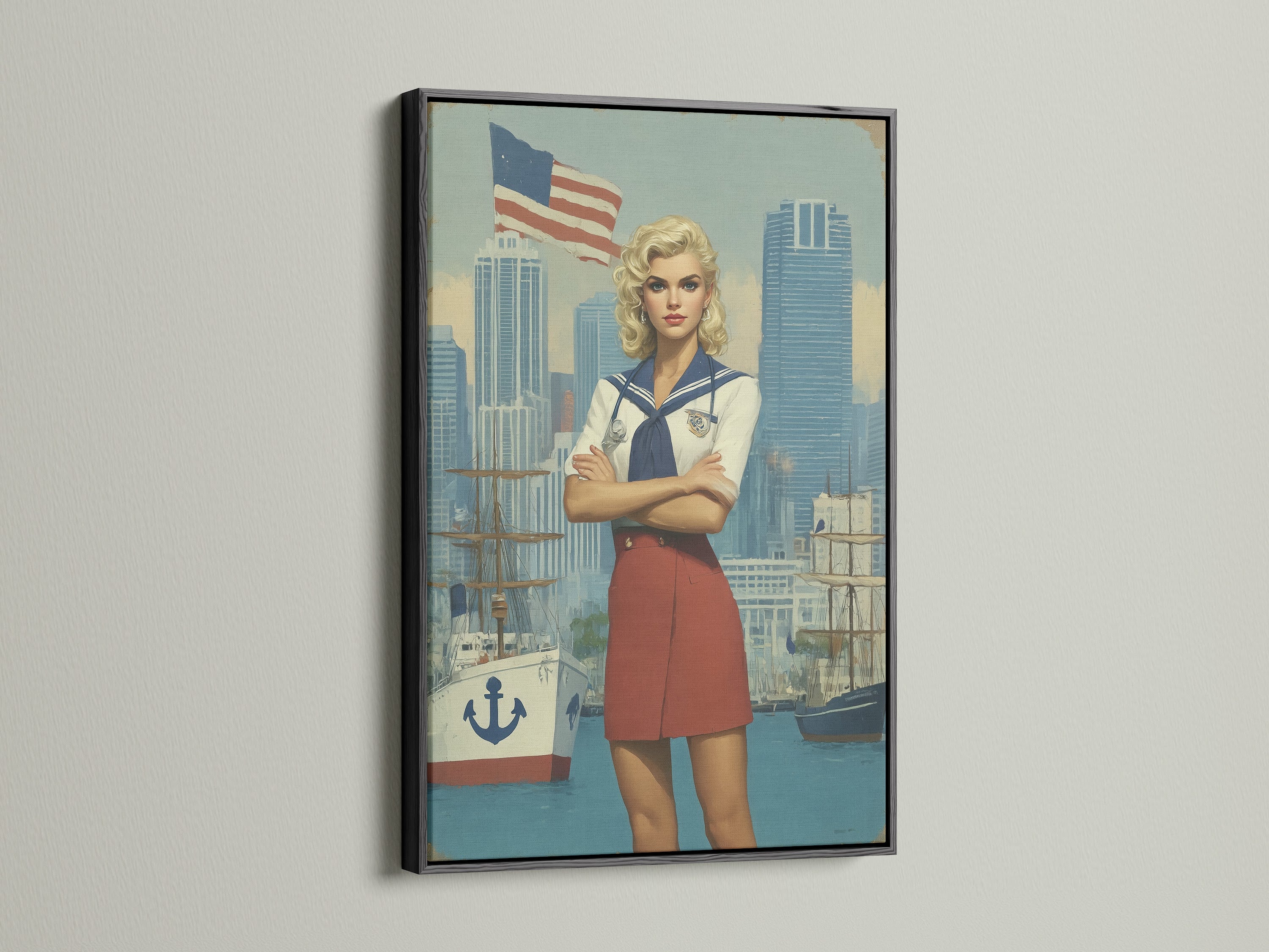 Vintage Navy Pin-Up artwork displayed in a black frame. The sailor girl print embodies retro Americana. Ideal for dens studies and nautical-themed spaces. Make a statement with maritime art.