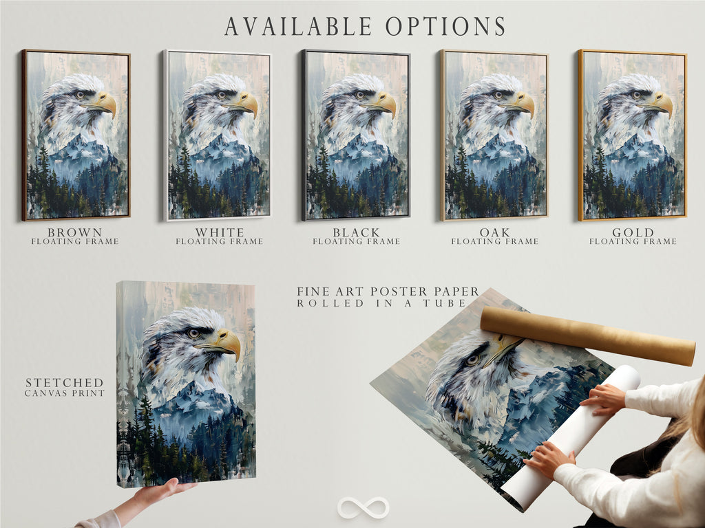 Available options are showcased. These include a stretched canvas print. Fine art poster paper is also available. Consider the floating frame option. Customize your art to fit your style.