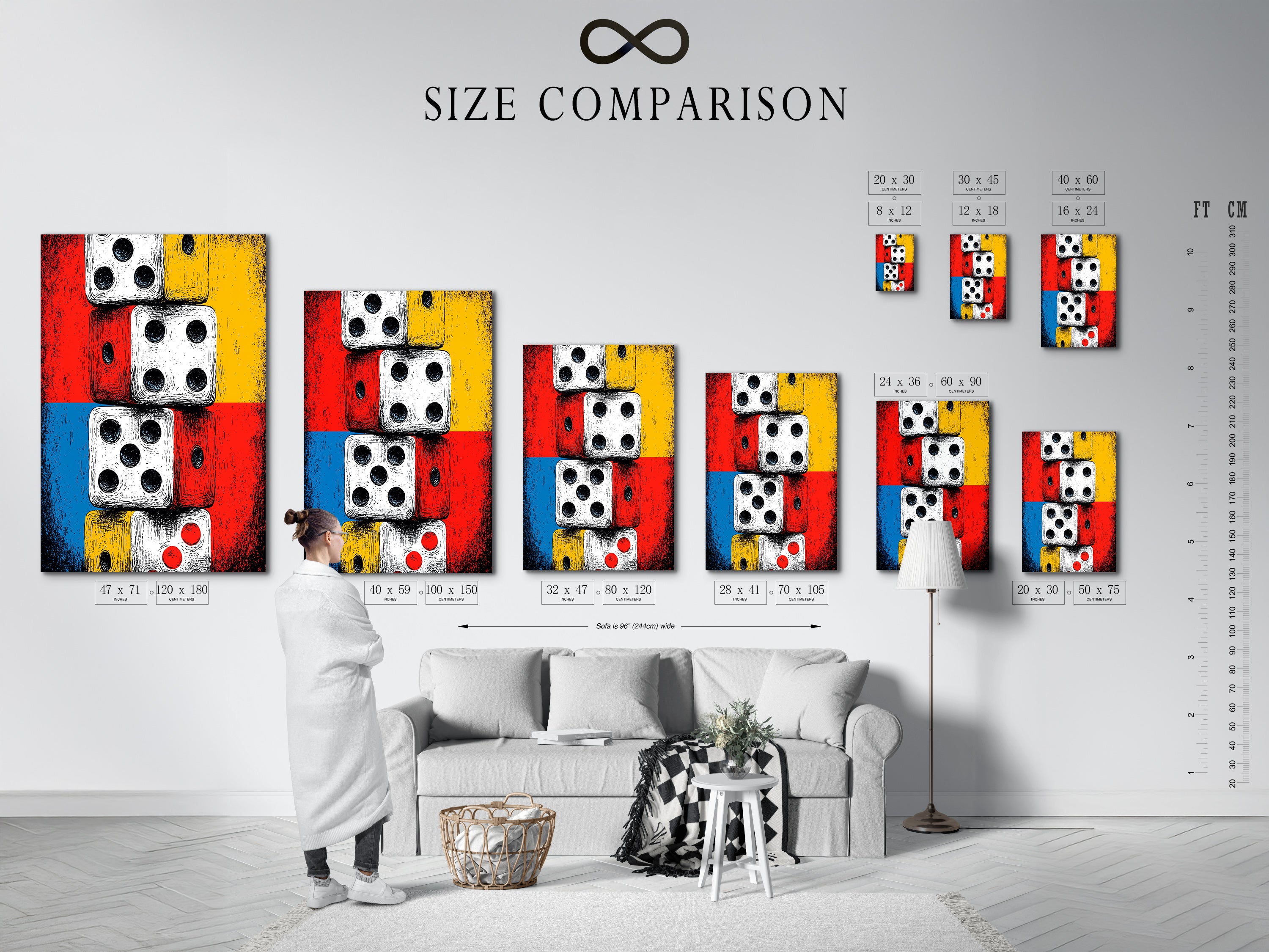A size comparison chart is shown in an interior setting. This helps visualize the artwork in different dimensions. The dice artwork is perfect for various spaces. It is ideal for game rooms home offices and entertainment areas. The vintage pop artwork adds a retro charm.