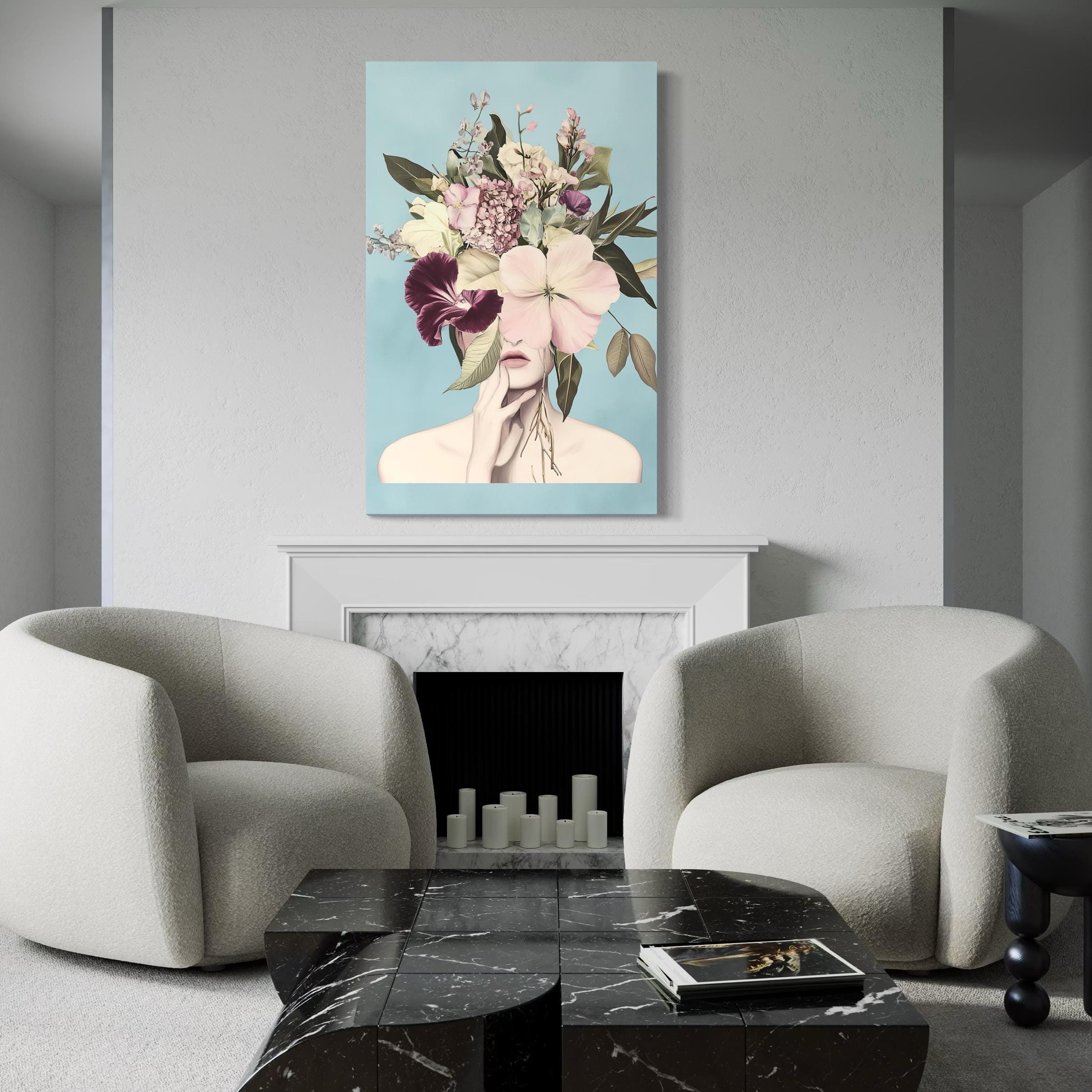 Abstract female form painting showcasing lush botanical accents in soft color tones, transformed into a stunning wall art piece for chic settings.