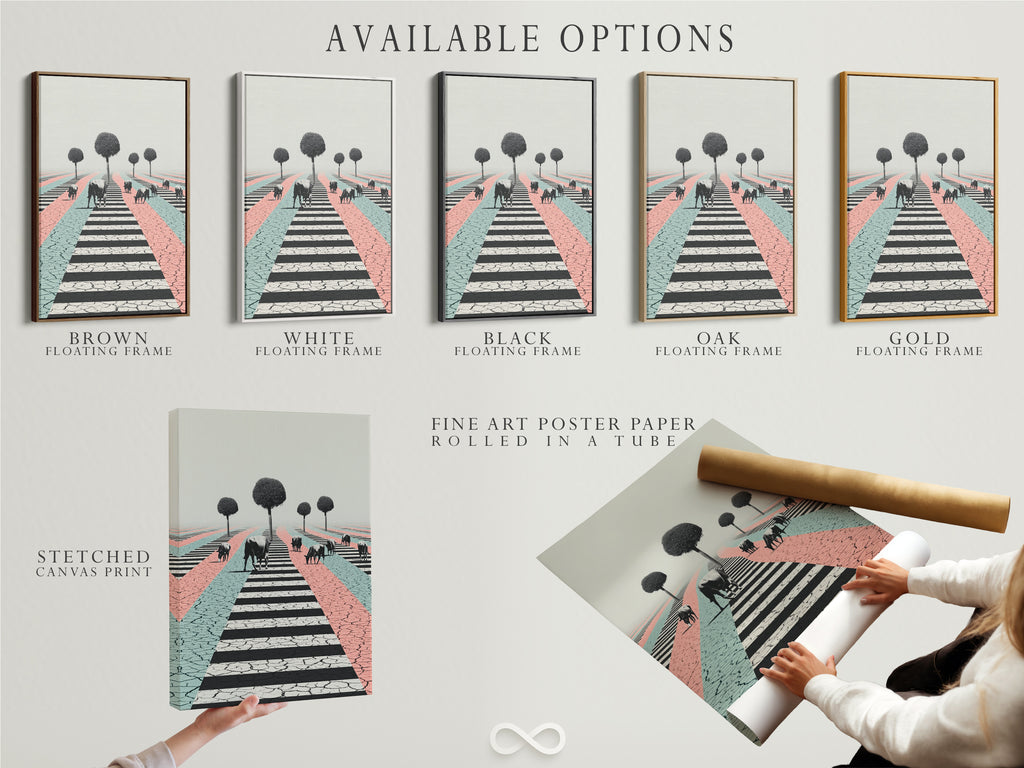 Available options for cow artwork include stretched canvas print fine art poster paper and floating frame. Choose the perfect format for your modern pastel wall decor. Customize your surreal farm animal art.