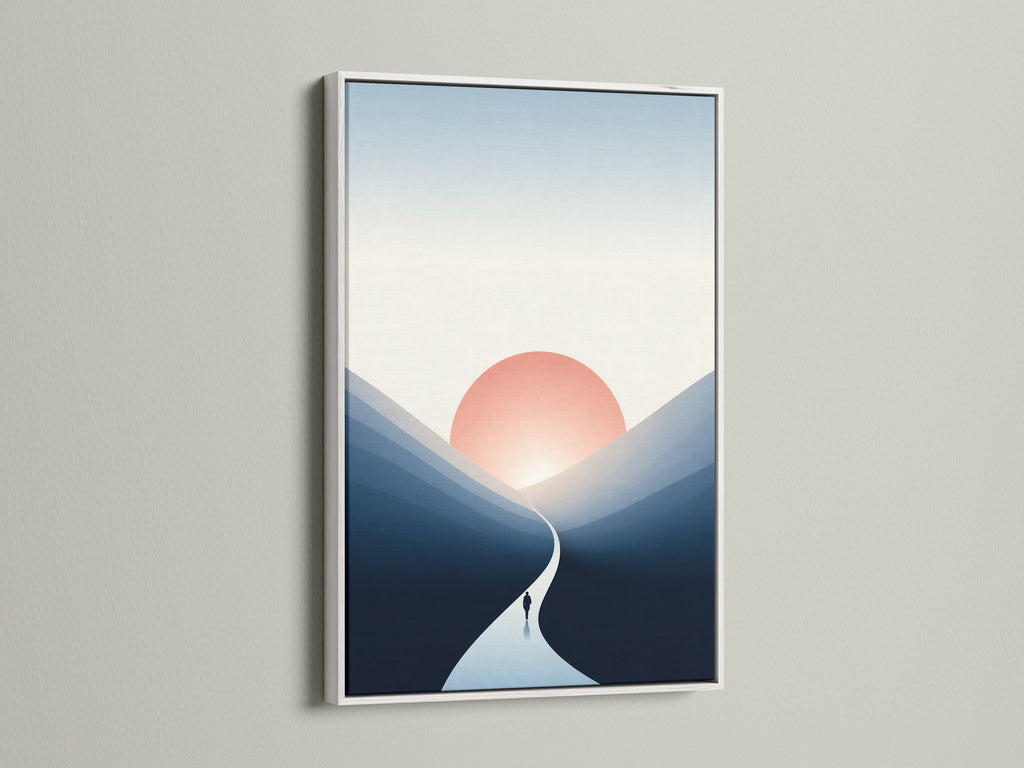 Sunrise Mountain artwork in a white frame. The minimalist landscape print brings a touch of modern elegance. The white frame complements the serene pathway artwork. This piece adds a calming presence to your office decor.