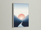 Sunrise Mountain artwork in a white frame. The minimalist landscape print brings a touch of modern elegance. The white frame complements the serene pathway artwork. This piece adds a calming presence to your office decor.