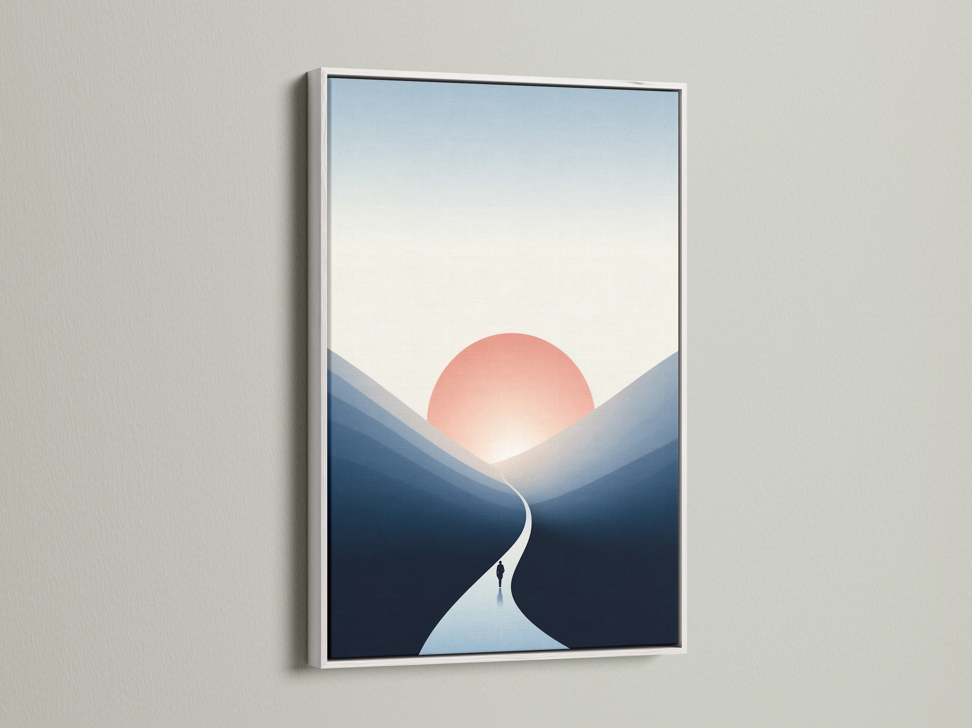 The Sunset Silhouette artwork is presented in a white frame. This minimalist print exudes contemporary elegance. The coastal sunrise artwork offers a serene view. It complements various interior styles. This horizon canvas enhances your living room bedroom or office. It brings a fresh and clean aesthetic to your space.