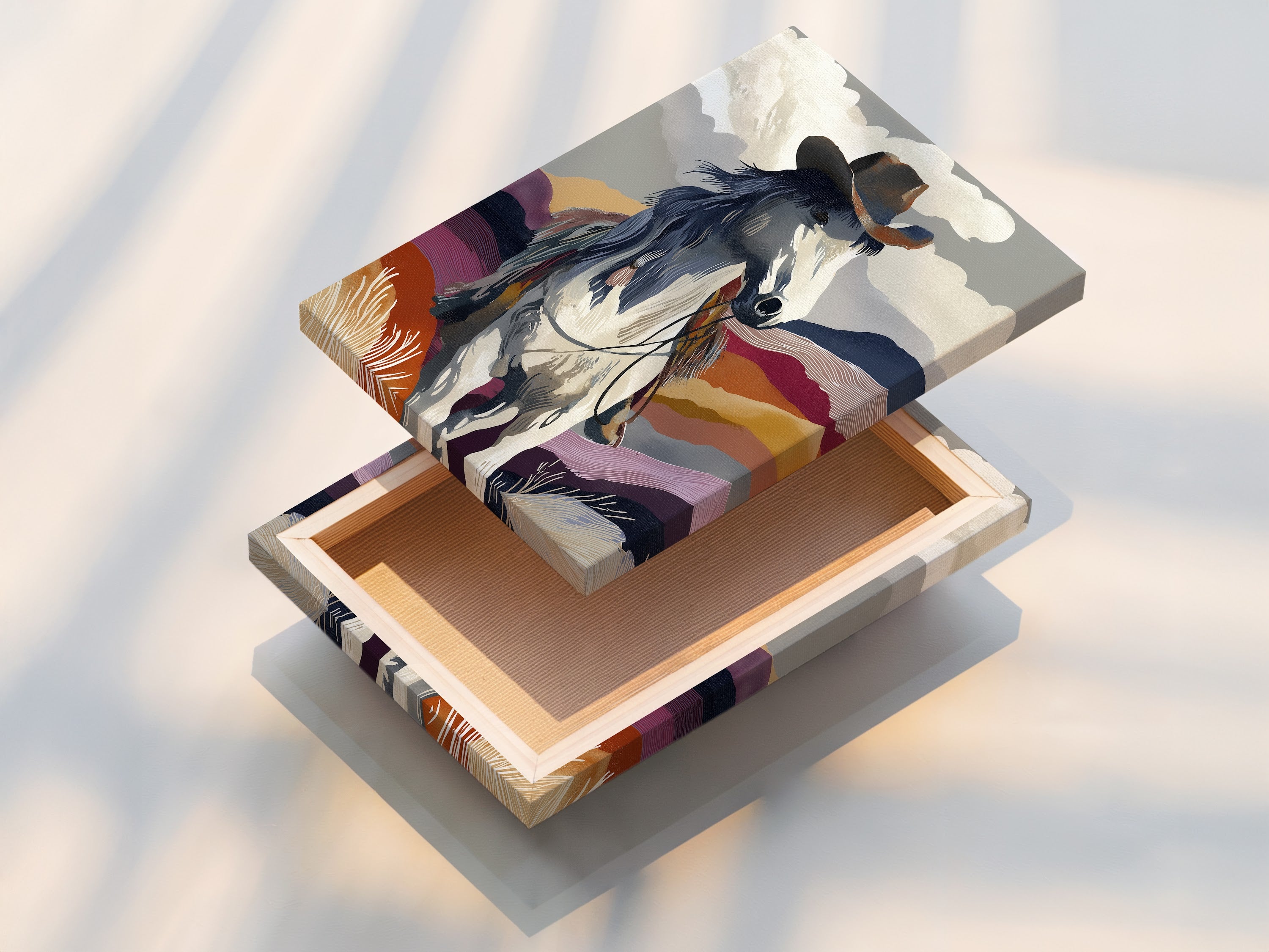 A high quality stretched canvas print of cowboy horse art is displayed. Ready to hang this western wall art transforms your space. The southwestern landscape artwork brings the beauty of the ranch to your home. Perfect for rustic decor.