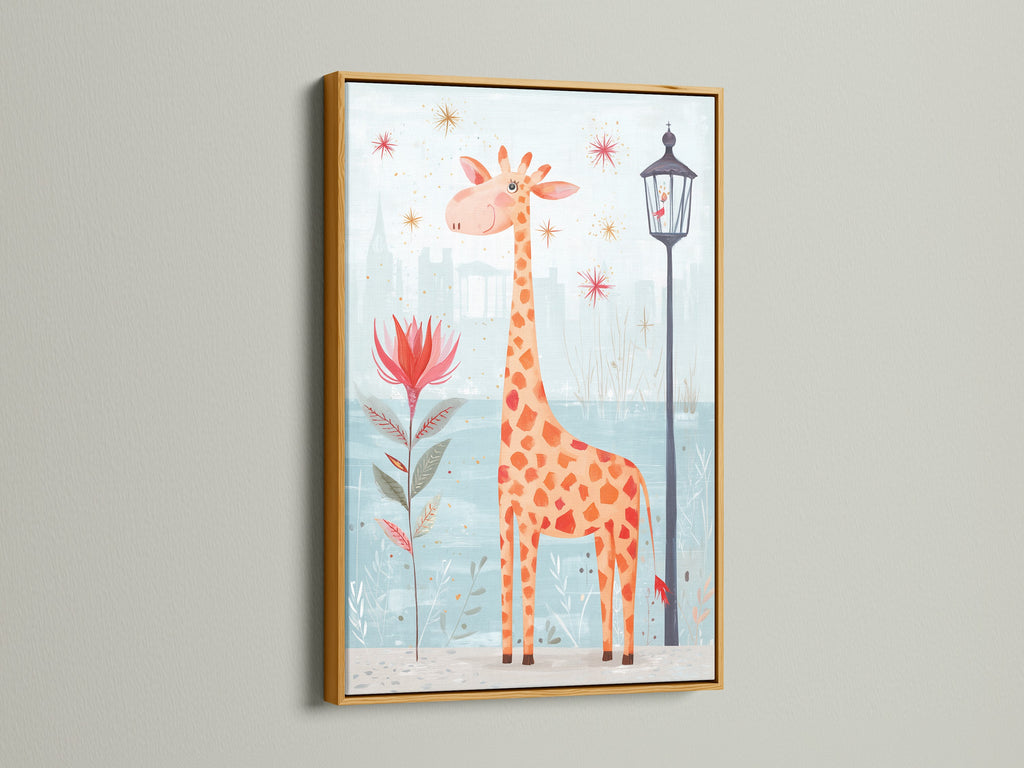 A cheerful giraffe art print is beautifully displayed in a gold frame. The artwork will add a touch of glamour to a baby's room. Gold frames create a luxurious feel for childrens art. Explore this cute animal art.