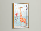 A cheerful giraffe art print is beautifully displayed in a gold frame. The artwork will add a touch of glamour to a baby's room. Gold frames create a luxurious feel for childrens art. Explore this cute animal art.