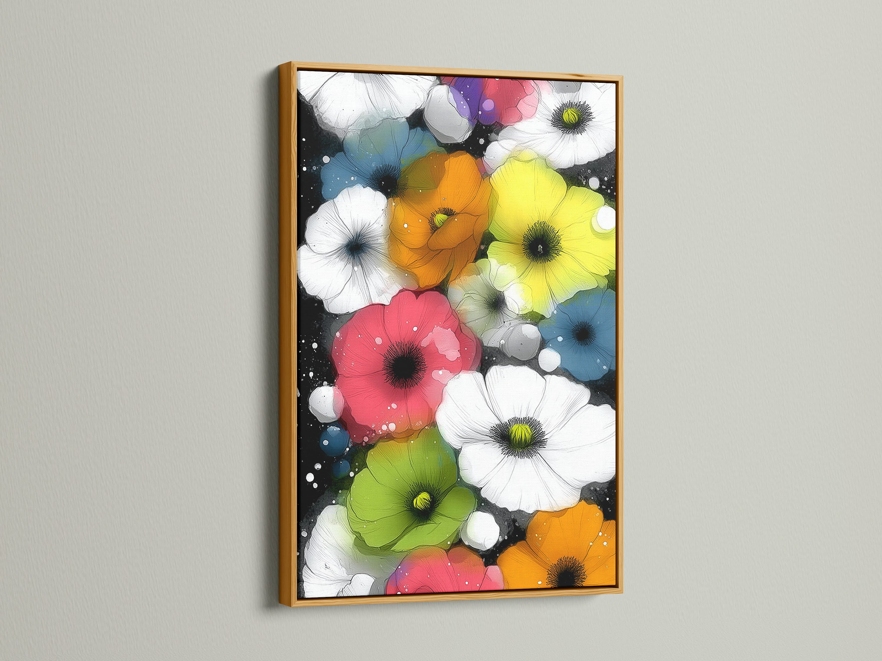 Here is a Colorful Poppies artwork displayed in a gold frame. The gold frame adds a luxurious touch to this vibrant botanical poster. Perfect for adding a sophisticated element to your home. This floral artwork is ideal for living room wall art and bedroom wall decor. Explore modern home art.