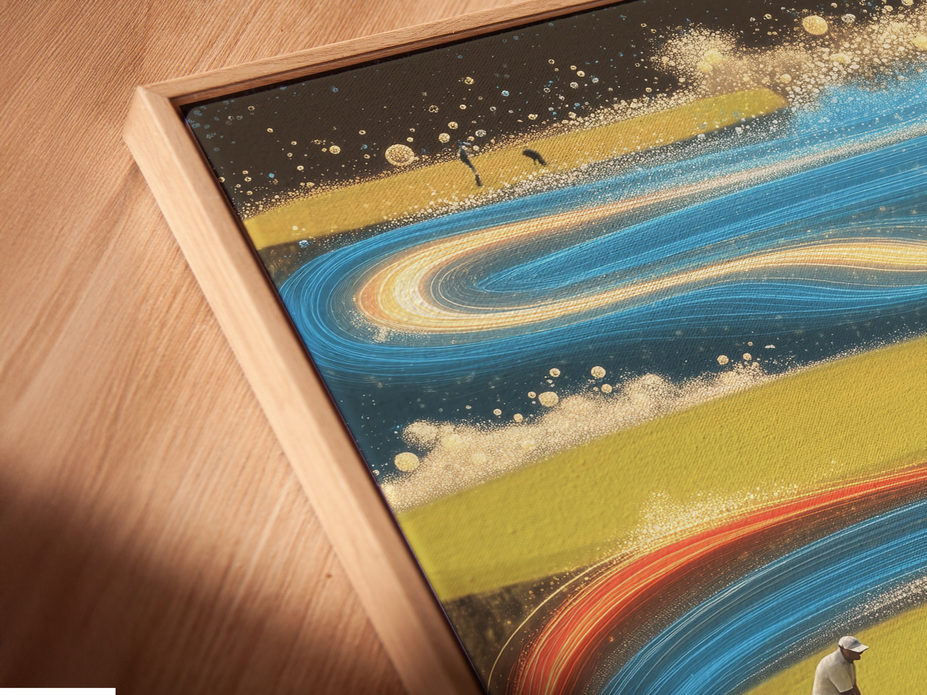 Close up of a canvas print in a floating frame. The floating frame enhances the artwork. The golf course artwork is a great gift. The colorful golfer canvas print is perfect for any space. Find the perfect artwork now.