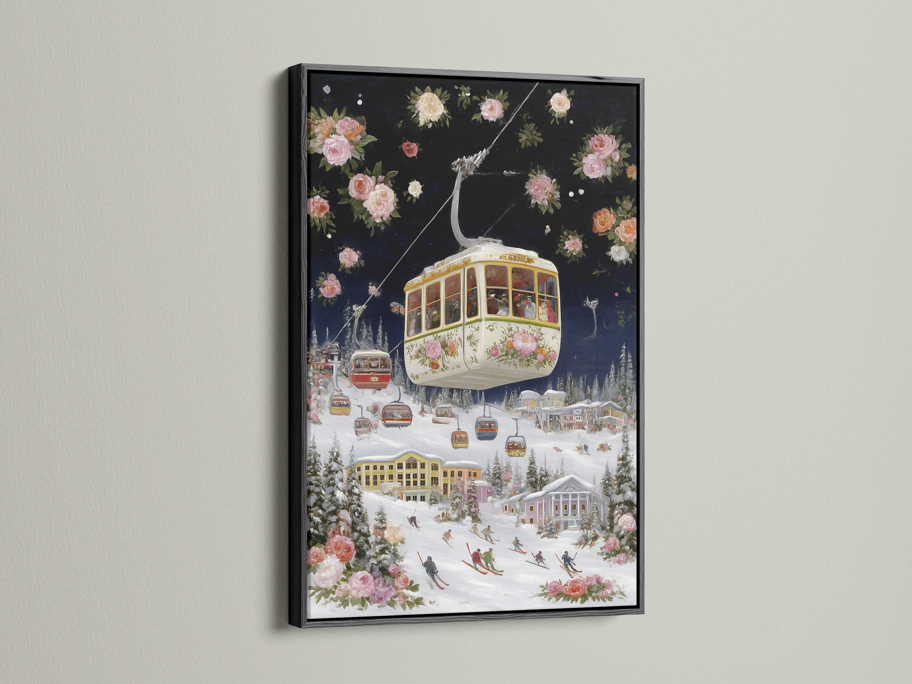 Ski resort canvas artwork with a black frame. This vintage floral alpine wall art features a gondola print winter landscape. This mountain art enhances any room. Ideal for homeowners and business owners looking for ski lodge decor.