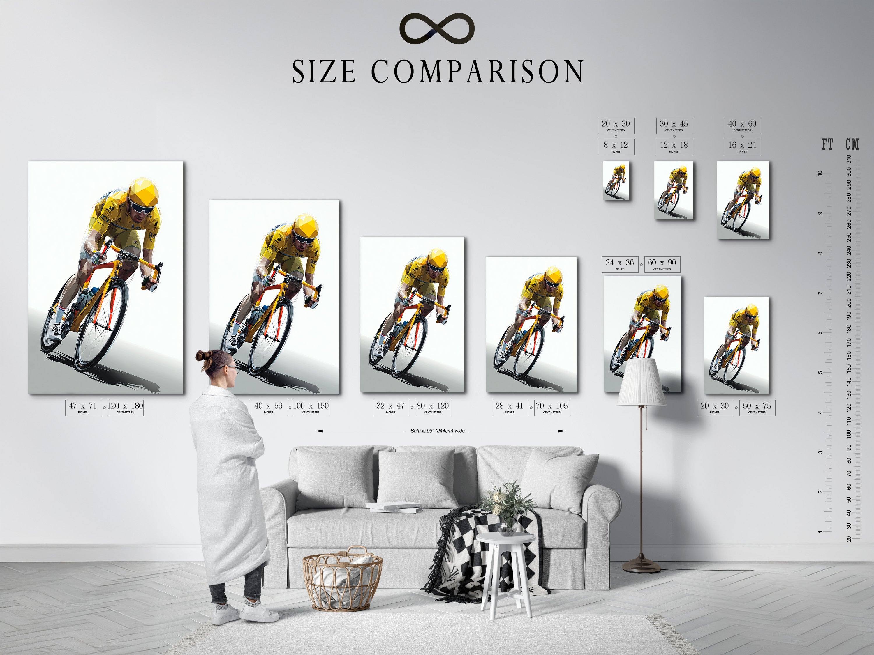 A size comparison chart is displayed in an interior setting. See how different print sizes look in a real room. Helps you visualize the perfect size for your space.  Find the ideal artwork size for your home.  This chart makes selecting the right size easy.  Browse our size options.