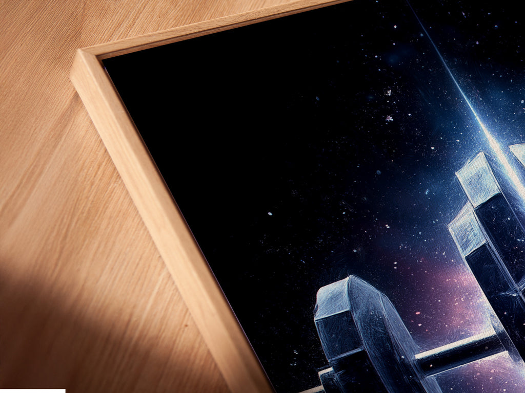 Angled close up of the Cosmic Dumbbell canvas print. It is displayed in a floating frame. This fitness wall art is perfect for a modern space. Enhance your personal training facility with space themed art.