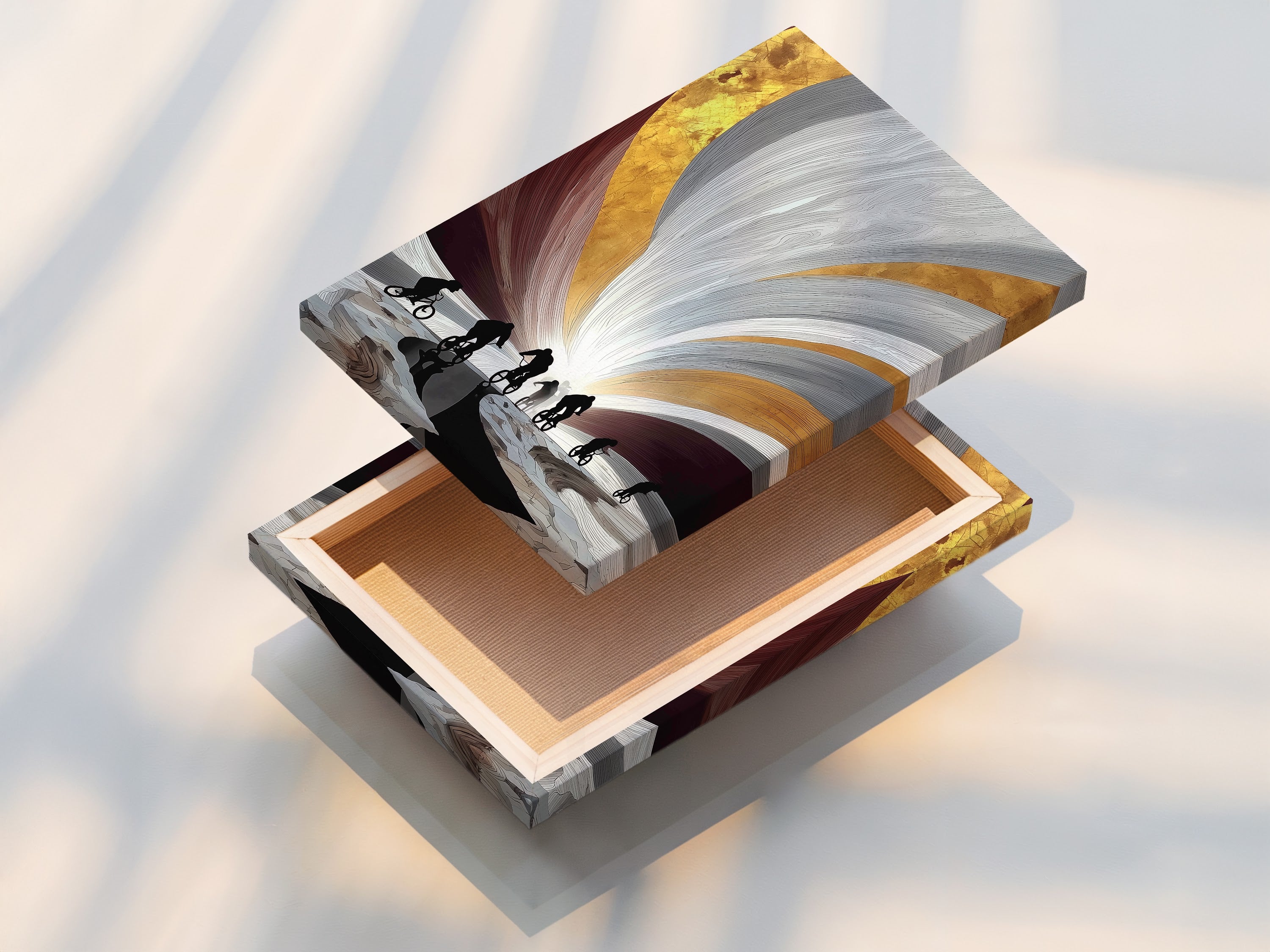 A stretched canvas print of cyclist artwork. This modern piece features cyclists in silhouette against an abstract background. The stretched canvas is ready to hang. Perfect for adding modern art to your space.