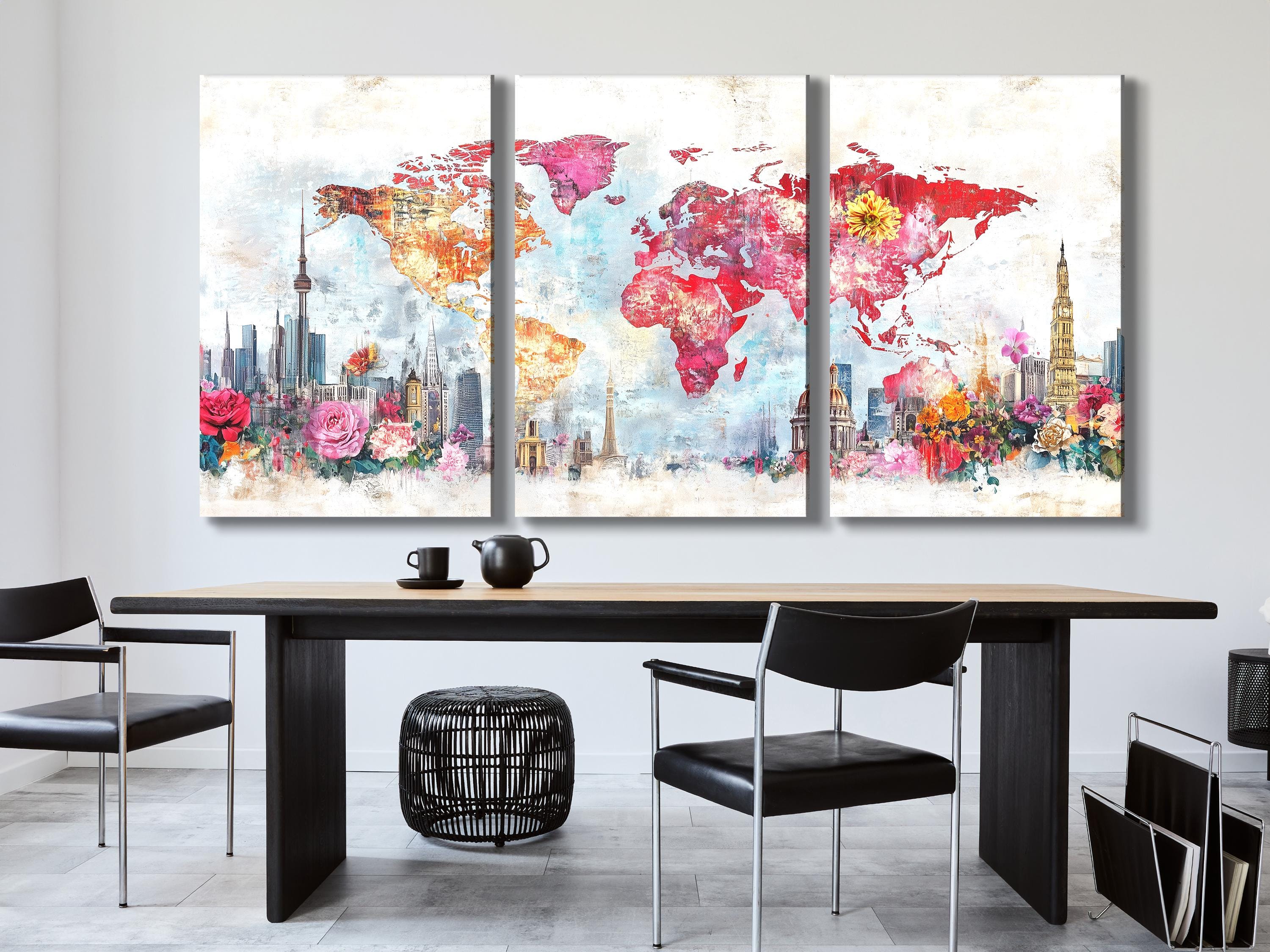 Stadsgezicht Bloemen Wereldkaart Canvas Abstracte Skyline Muurkunst Kleurrijke Reiskaart Schilderij Bloem Stadsdecor Modern Huisinterieur
