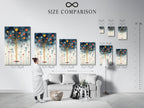 Size comparison chart in an interior setting featuring the abstract balloon art. See how this modern print fits in your space. This colorful piece adds a playful touch to any room. Perfect for nurseries and playrooms. Visualize the perfect size for your walls.