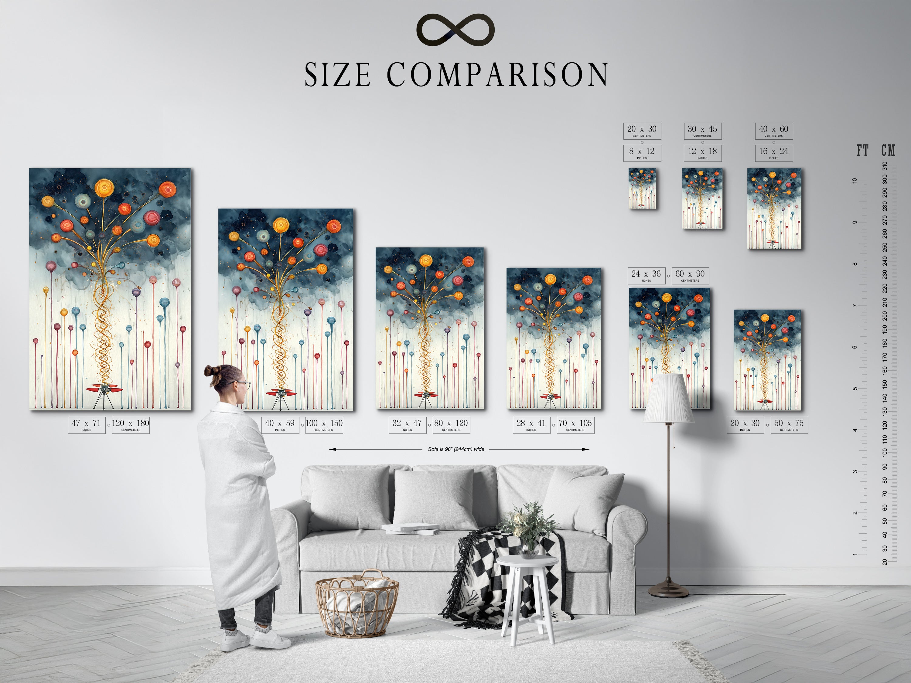 Size comparison chart in an interior setting featuring the abstract balloon art. See how this modern print fits in your space. This colorful piece adds a playful touch to any room. Perfect for nurseries and playrooms. Visualize the perfect size for your walls.