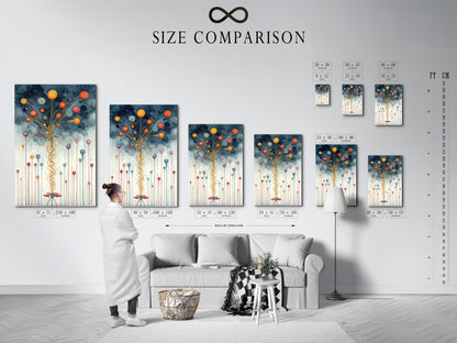 Size comparison chart in an interior setting featuring the abstract balloon art. See how this modern print fits in your space. This colorful piece adds a playful touch to any room. Perfect for nurseries and playrooms. Visualize the perfect size for your walls.