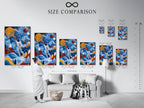 A size comparison chart is displayed in an interior setting. The chart features the astronaut basketball canvas print. The art provides a visual guide for selecting the perfect size. It is ideal for kids rooms teen rooms or nurseries.