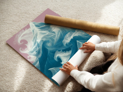 A woman is carefully rolling a fine art poster paper. This ensures the artwork arrives in perfect condition. High-quality materials and careful handling guarantee a beautiful addition to your home decor. Ocean Wave art.