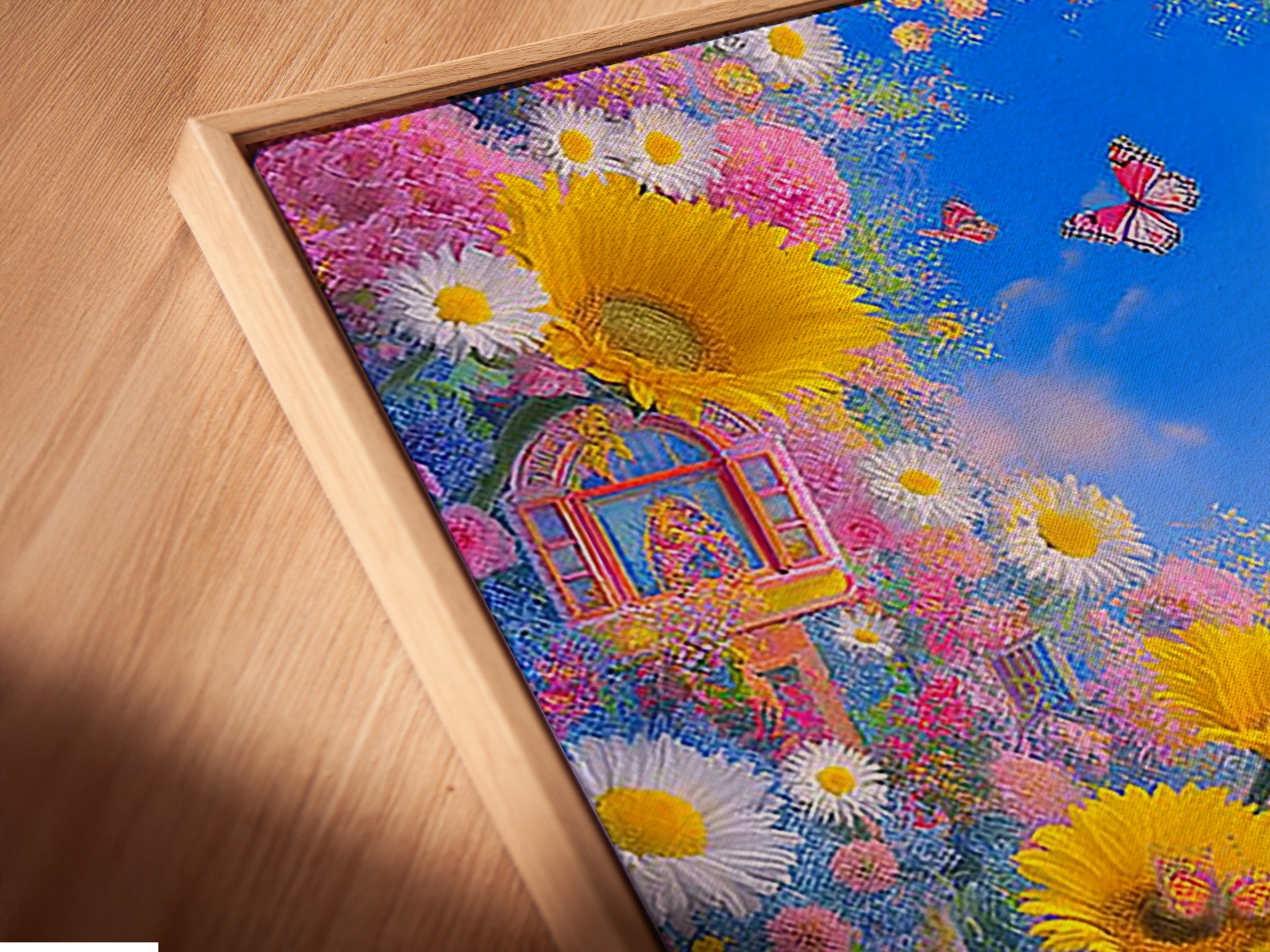 A close up of a Sunflower Garden canvas print in a floating frame. The butterfly floral artwork adds a colorful botanical touch to your space. Bring summer flowers art into your home. The artwork enhances bohemian farmhouse or eclectic styles. Great for bedroom wall decor.