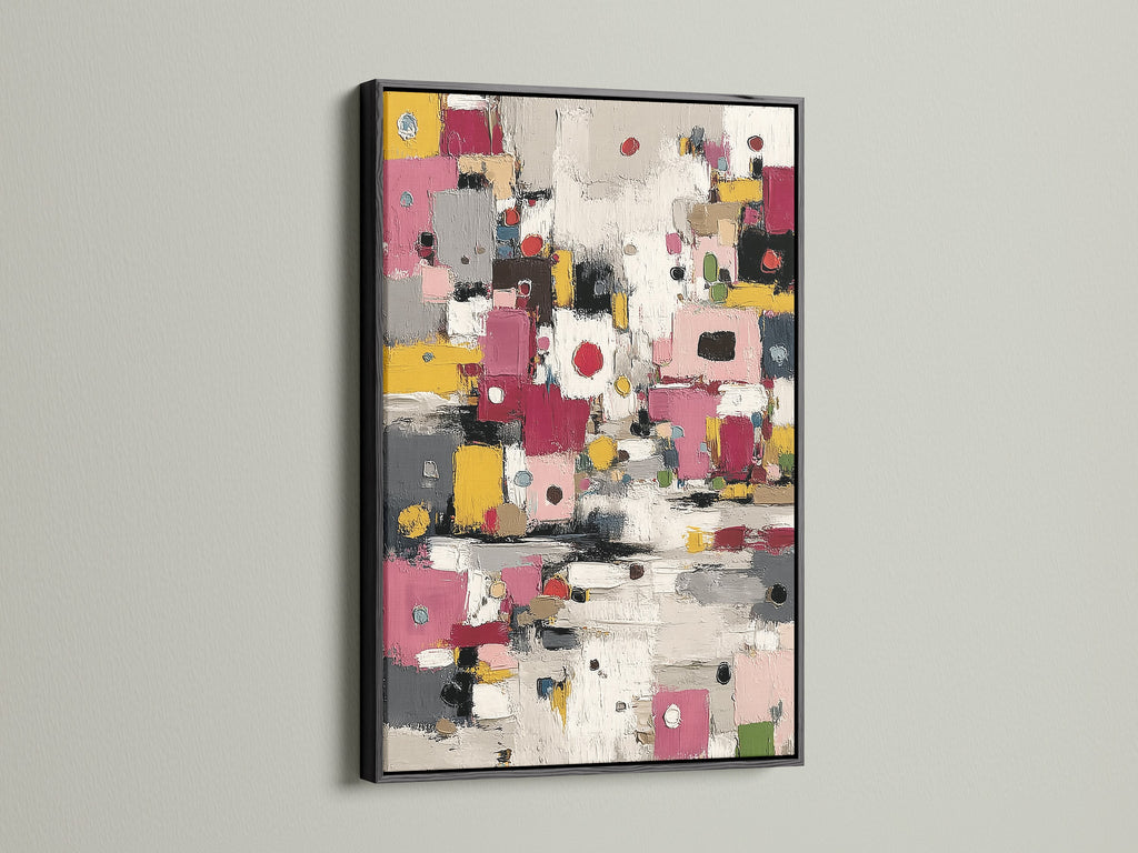 Black frame showcasing abstract colorful canvas art. Modern geometric print for contemporary spaces. Vibrant pink yellow decor enhances minimalist or eclectic styles. Wall art for living rooms dining rooms and offices.