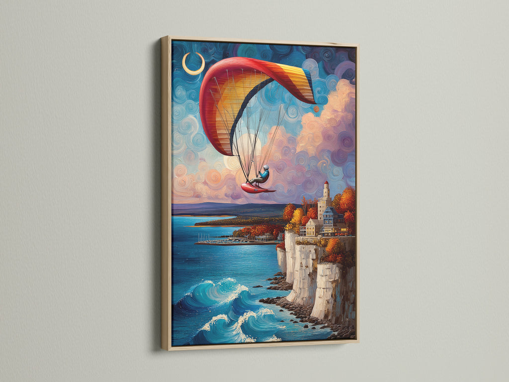The paragliding artwork is framed in a light oak wood. The artwork features a coastal cliffside scene with a paraglider in the sky. The artwork displays a blend of blue waters and whimsical clouds. Perfect for coastal-themed spaces. The oak frame enhances the artwork's natural beauty. It is a captivating piece for any art lover.