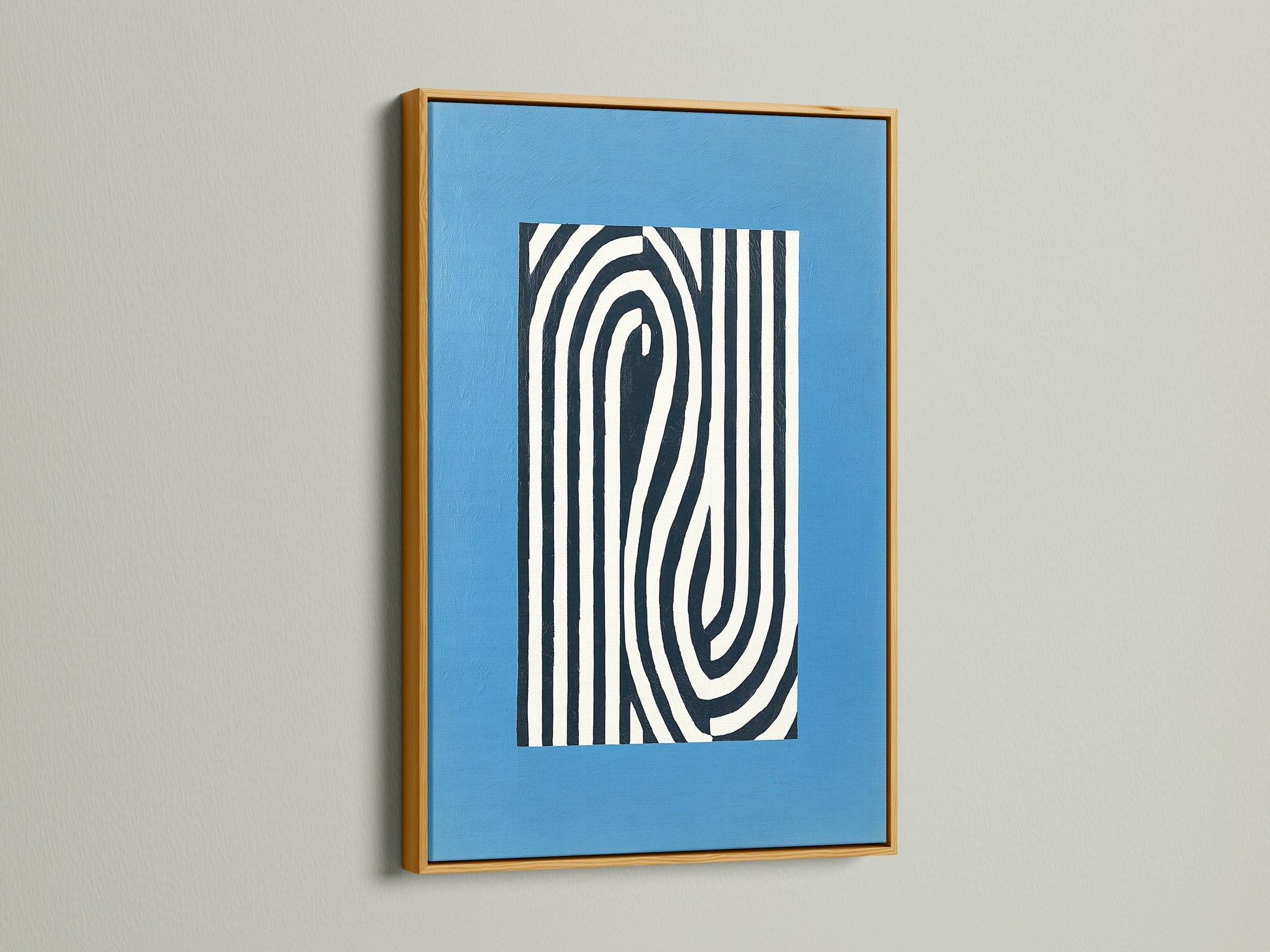 Gold frame highlighting an abstract line art piece. The blue modern wall art enhances any space with a touch of elegance. This minimalist print adds sophistication. Ideal for luxury home decor. Explore our gold framed artwork today.