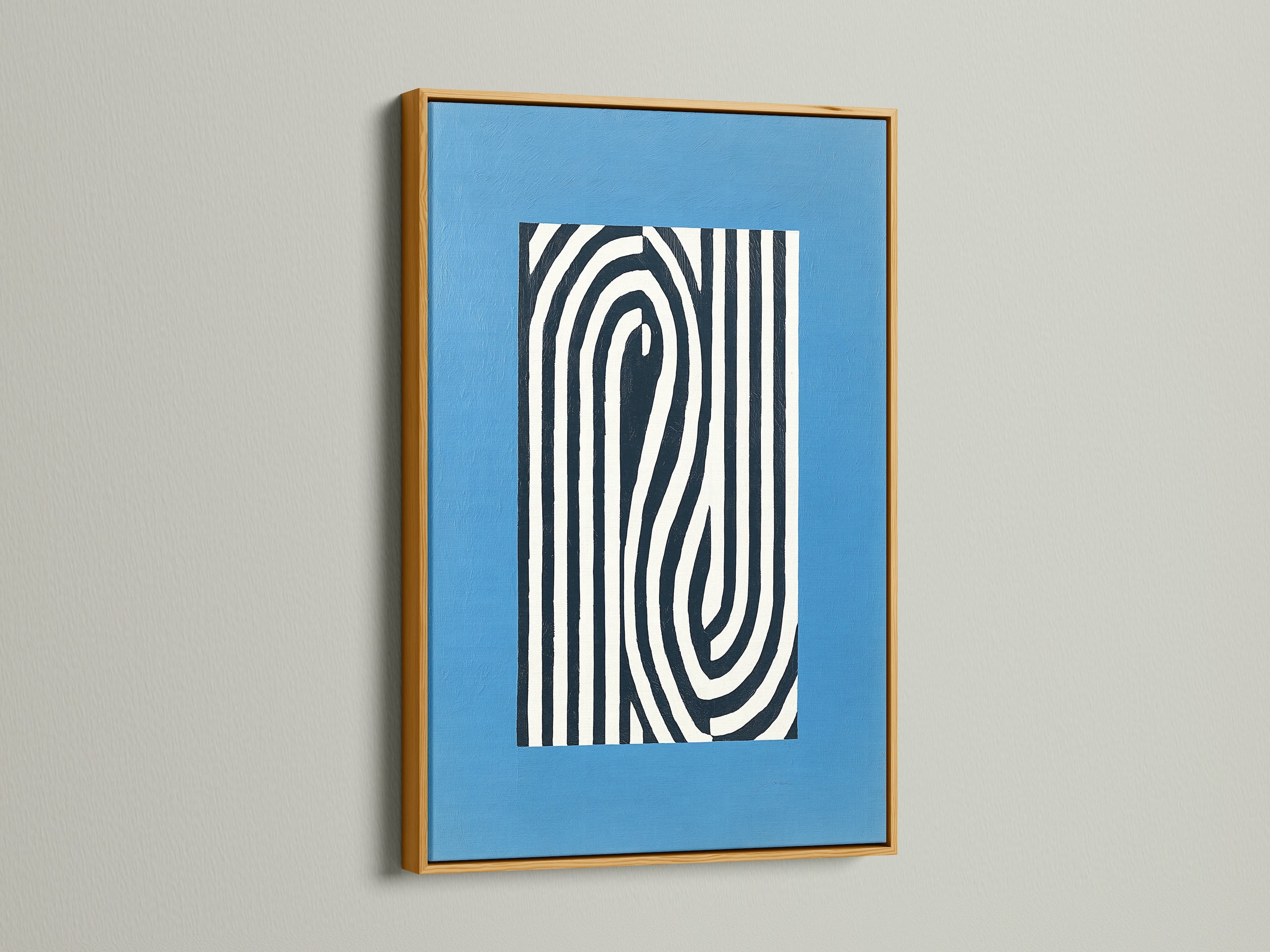 Gold frame highlighting an abstract line art piece. The blue modern wall art enhances any space with a touch of elegance. This minimalist print adds sophistication. Ideal for luxury home decor. Explore our gold framed artwork today.