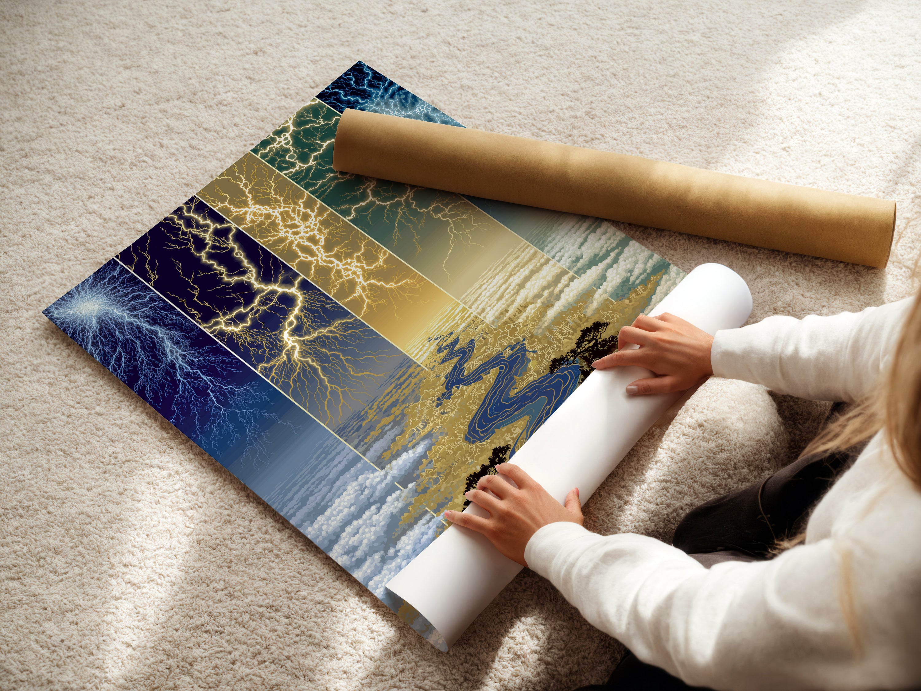 A woman is carefully rolling a fine art poster paper print of the Lightning Storm artwork. The electric sky and nature photography are beautifully captured. Perfect for modern decor and wall decoration.