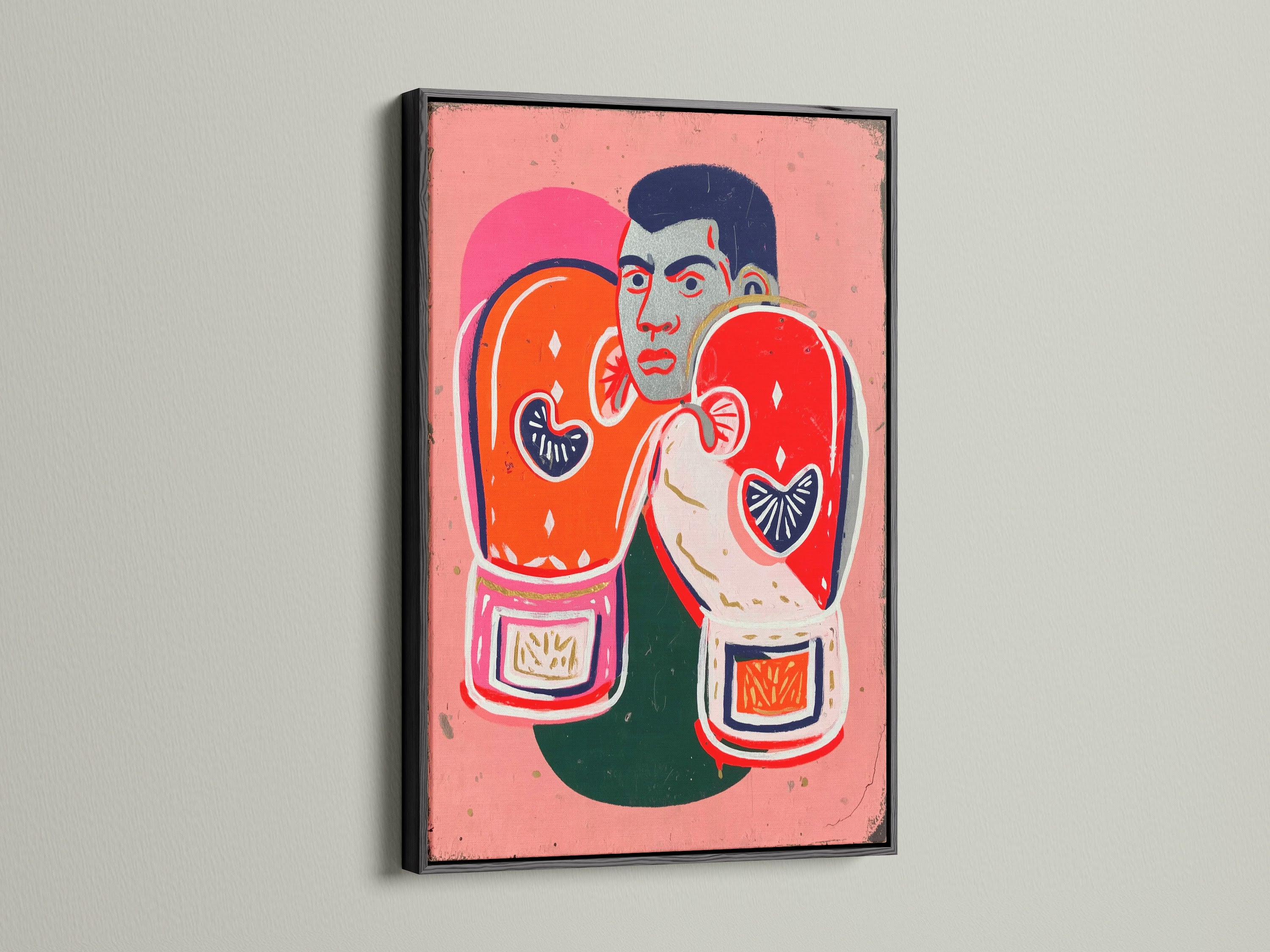 The boxing legend canvas print is displayed in a sleek black frame. The artwork features a boxer with bold colors. It offers motivational art for gym decor or a man cave. This print fits modern spaces.