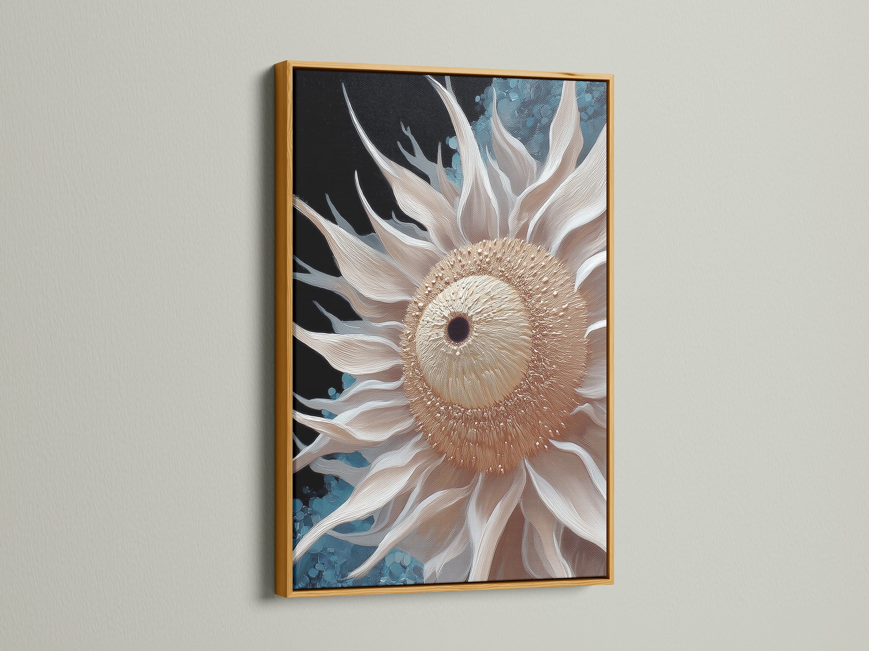 The beige sunflower art is presented in a gold frame. This flower artwork brings a touch of luxury to modern botanical decor. The floral canvas print enhances neutral wall art. Perfect for a scandi-inspired living room. The minimalist flower print is ideal for a sophisticated space.