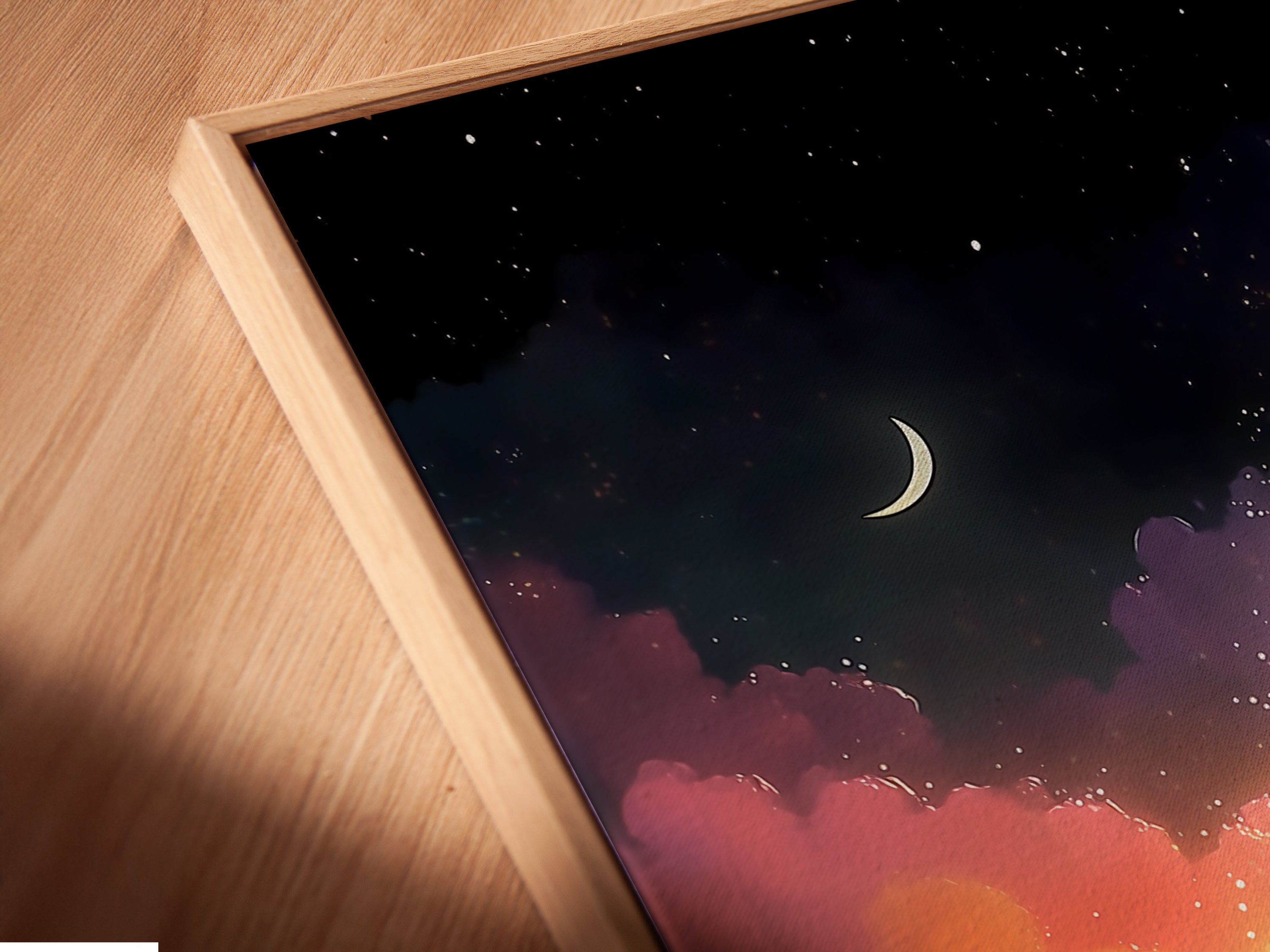 A close-up of a canvas print in a floating frame. The artwork shows an ocean wave with a pastel sky. A nautical sailboat adds a coastal touch. Ideal for adding elevated coastal wall art. Perfect for nautical styles.