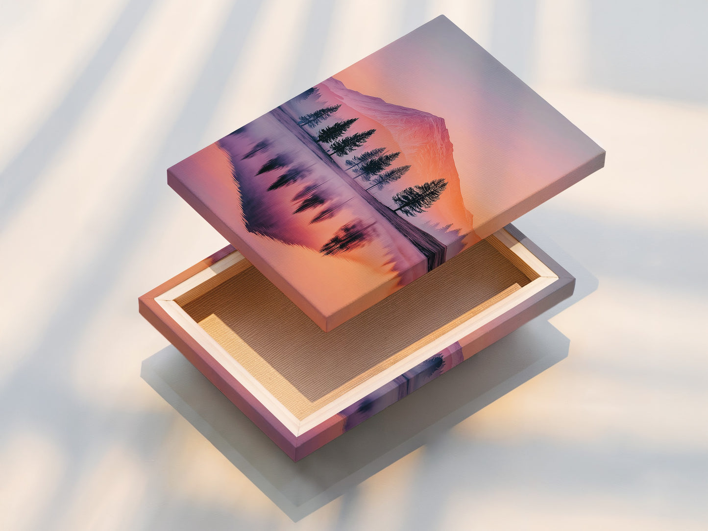 A stretched canvas print of a mountain lake. The sunset landscape wall art is vibrant and serene. Perfect modern decor for any home or office. The canvas showcases pastel colors beautifully. Ready to hang and enjoy.
