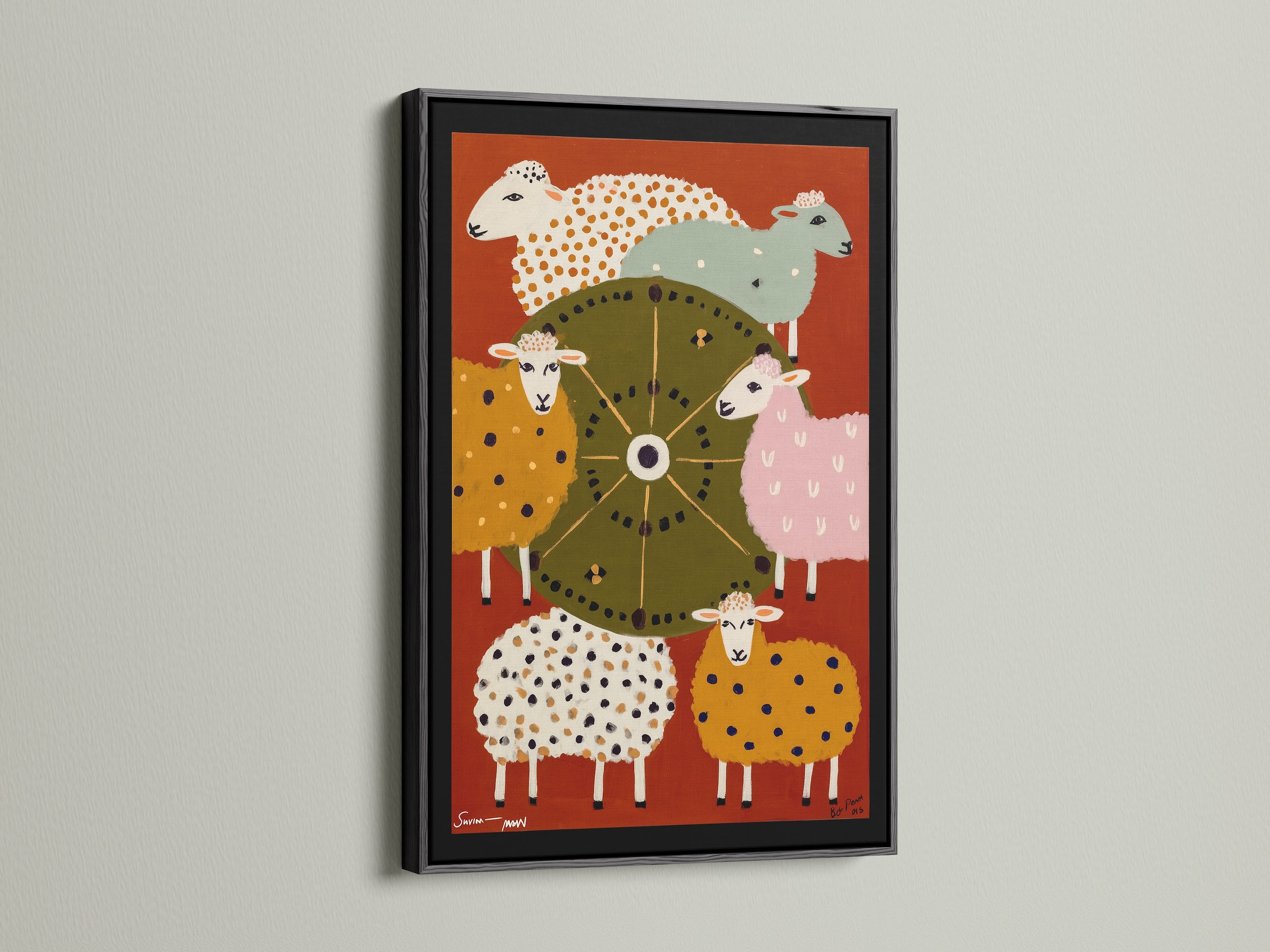 Sheep folk art print showcased in a sleek black frame. The contrasting frame highlights the colorful and whimsical farm animal artwork. This piece is ideal for a nursery a kids room or adding a touch of modern folk art to your kitchen wall. Bring rustic charm to your home.