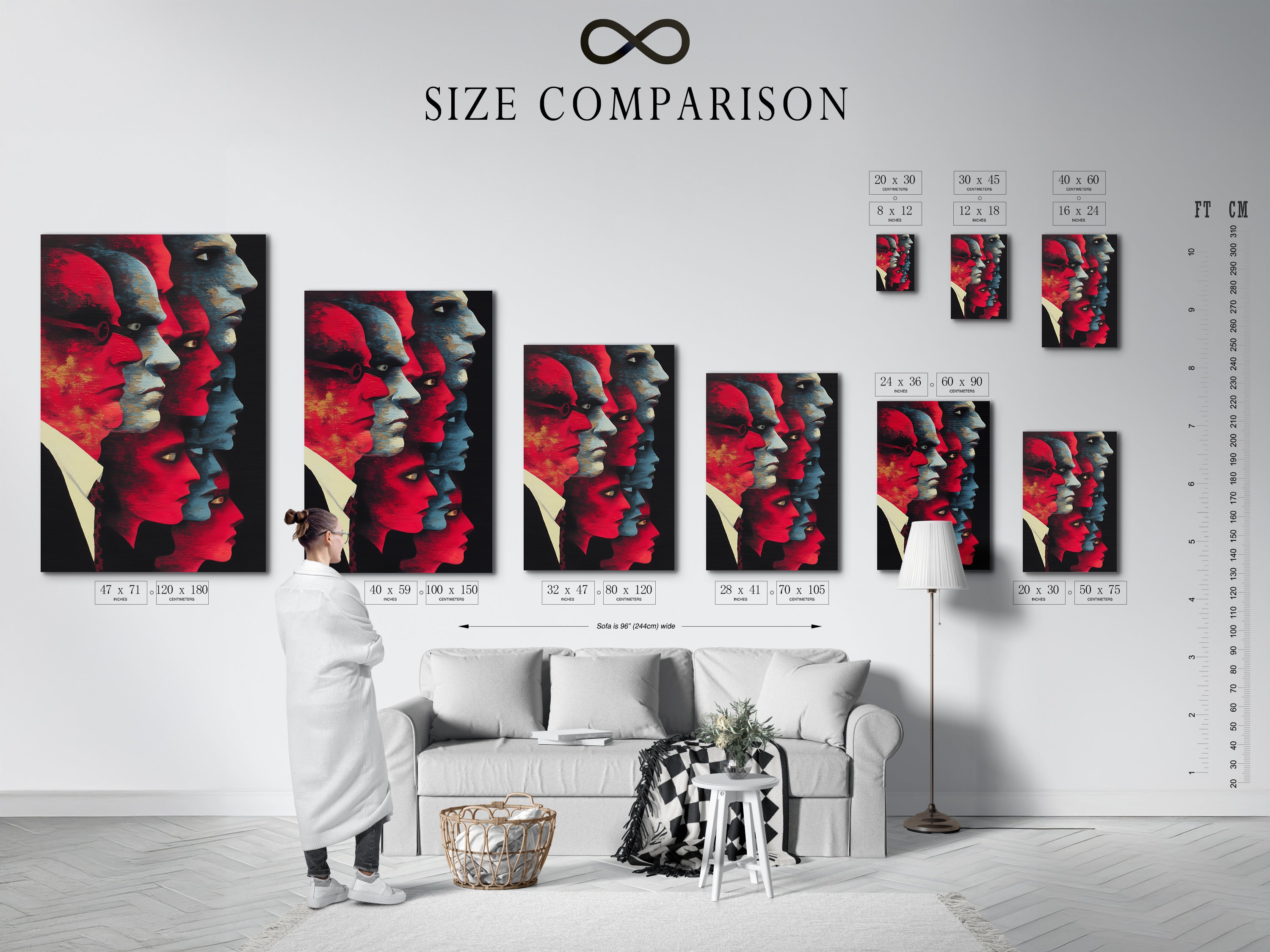 A size comparison chart displayed in an interior setting featuring abstract faces artwork. Visualize the perfect fit for your space with our modern canvas art. The red and blue portrait adds a bold touch to any room. Explore our range of sizes to find the ideal contemporary print for your home or office. Discover unique artwork options today.