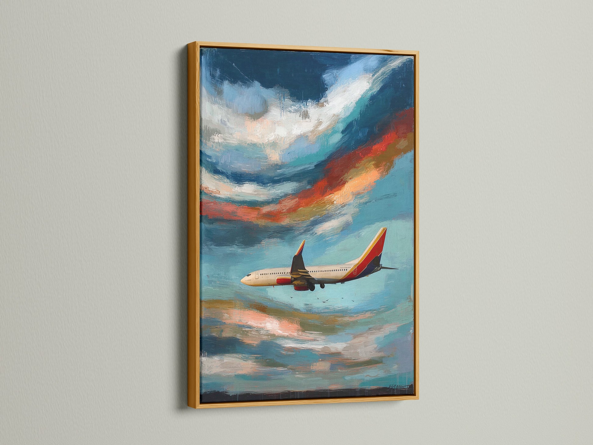 This aviation-themed art is highlighted by a gold frame. The sky canvas art features an airplane. This cloudscape painting adds a touch of elegance to any space. It is a unique gift for pilots and aviation enthusiasts. Enhance your decor with this piece.