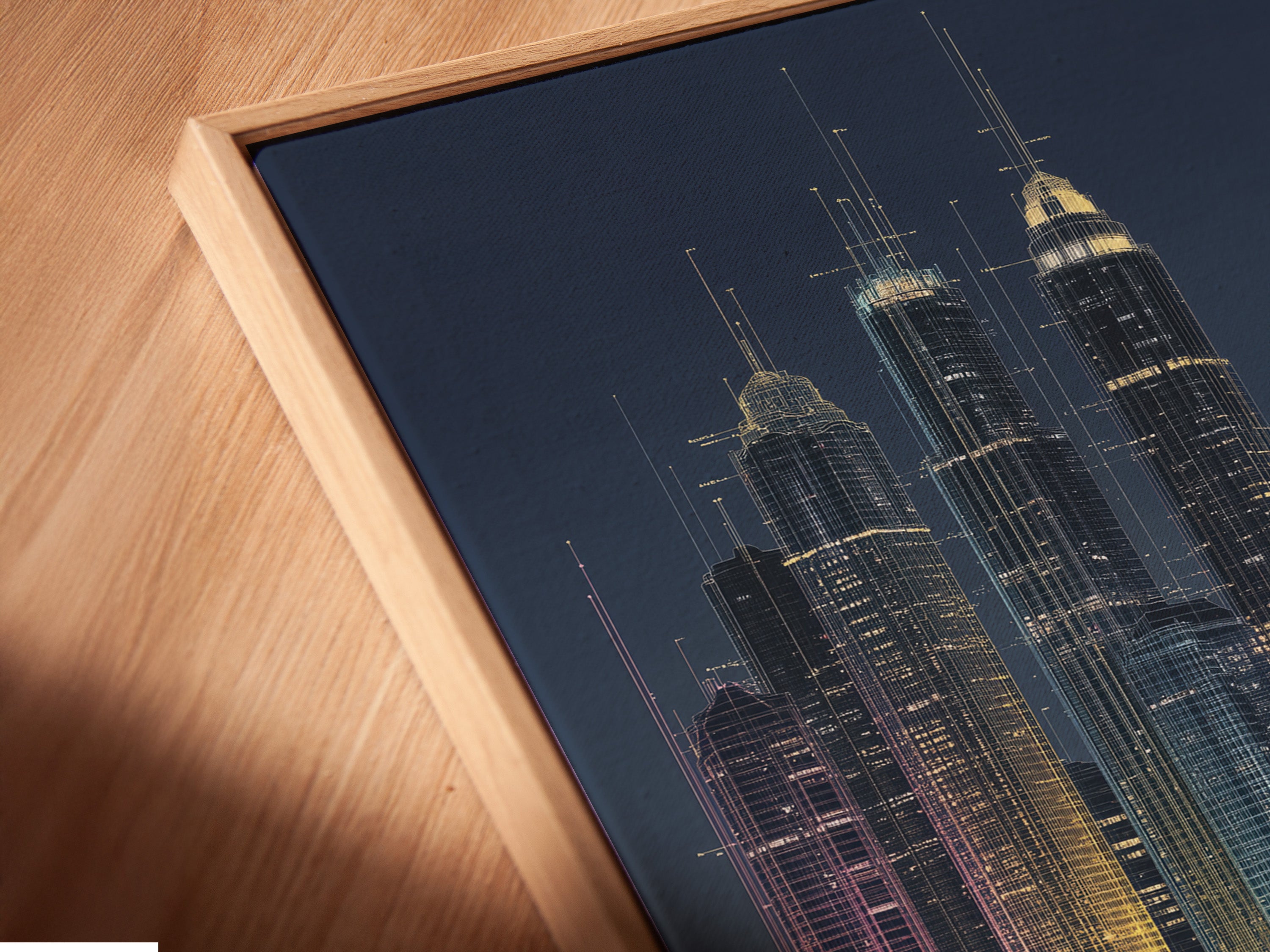 A close-up of a canvas print in a floating frame. The city skyline artwork showcases a modern urban scene. The floating frame gives the art a sophisticated look. Perfect for enhancing your office wall decor or living room art. This cityscape reflection photography is a unique addition. The angle provides a detailed view.