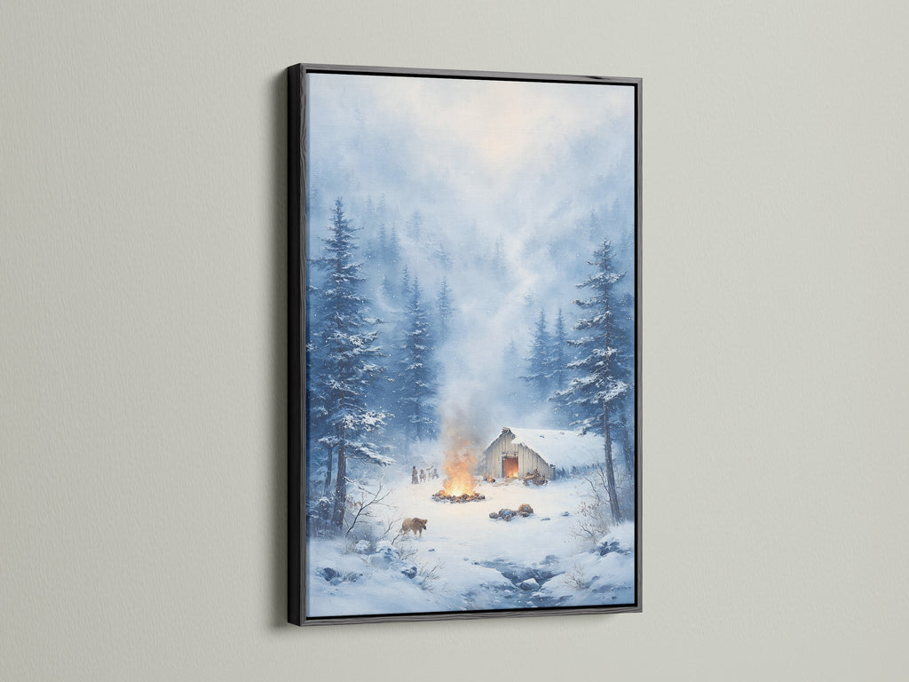 Winter Cabin Artwork in a black frame. Black frame provides a modern look to this rustic landscape artwork. Get cabin wall art for lodges and winter home decor today.