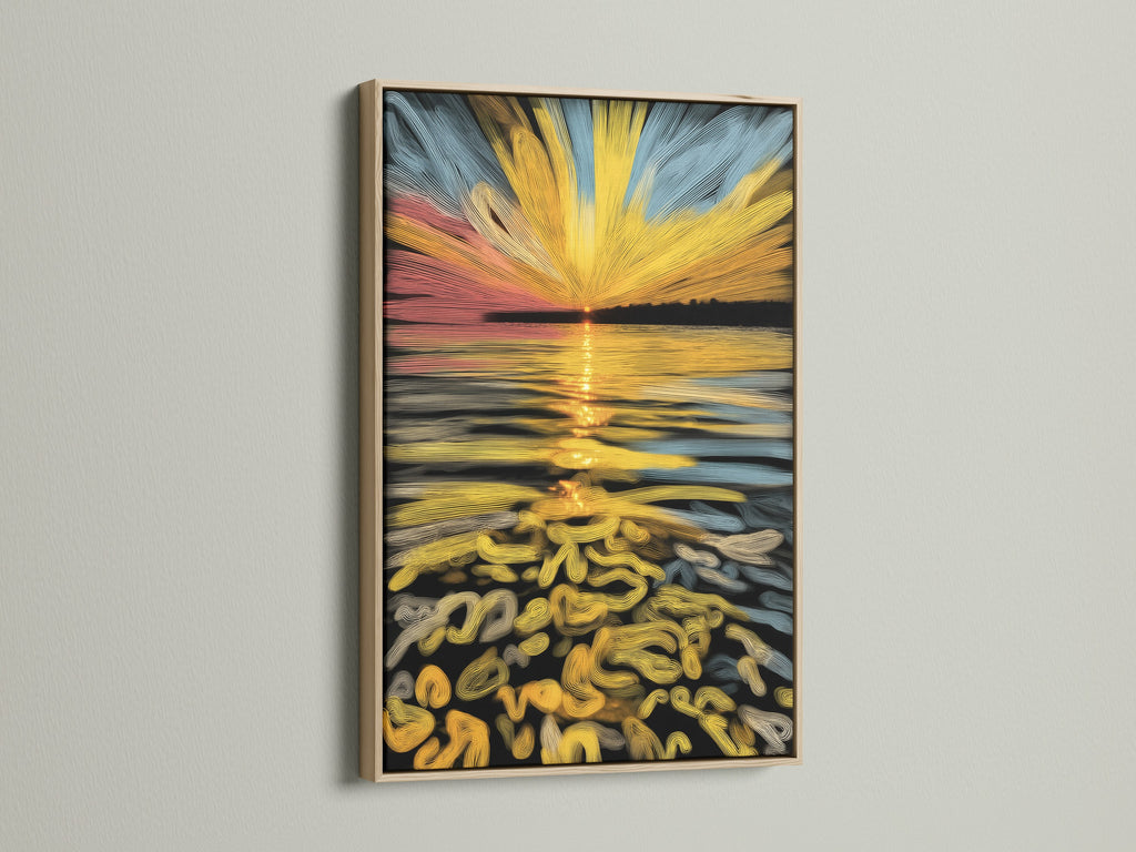 A captivating abstract sunset artwork is displayed in an oak frame. The golden ocean wave art adds a touch of elegance to any space. It's ideal for living rooms bedrooms or as a unique housewarming gift. This canvas print enhances coastal minimalist and contemporary styles.