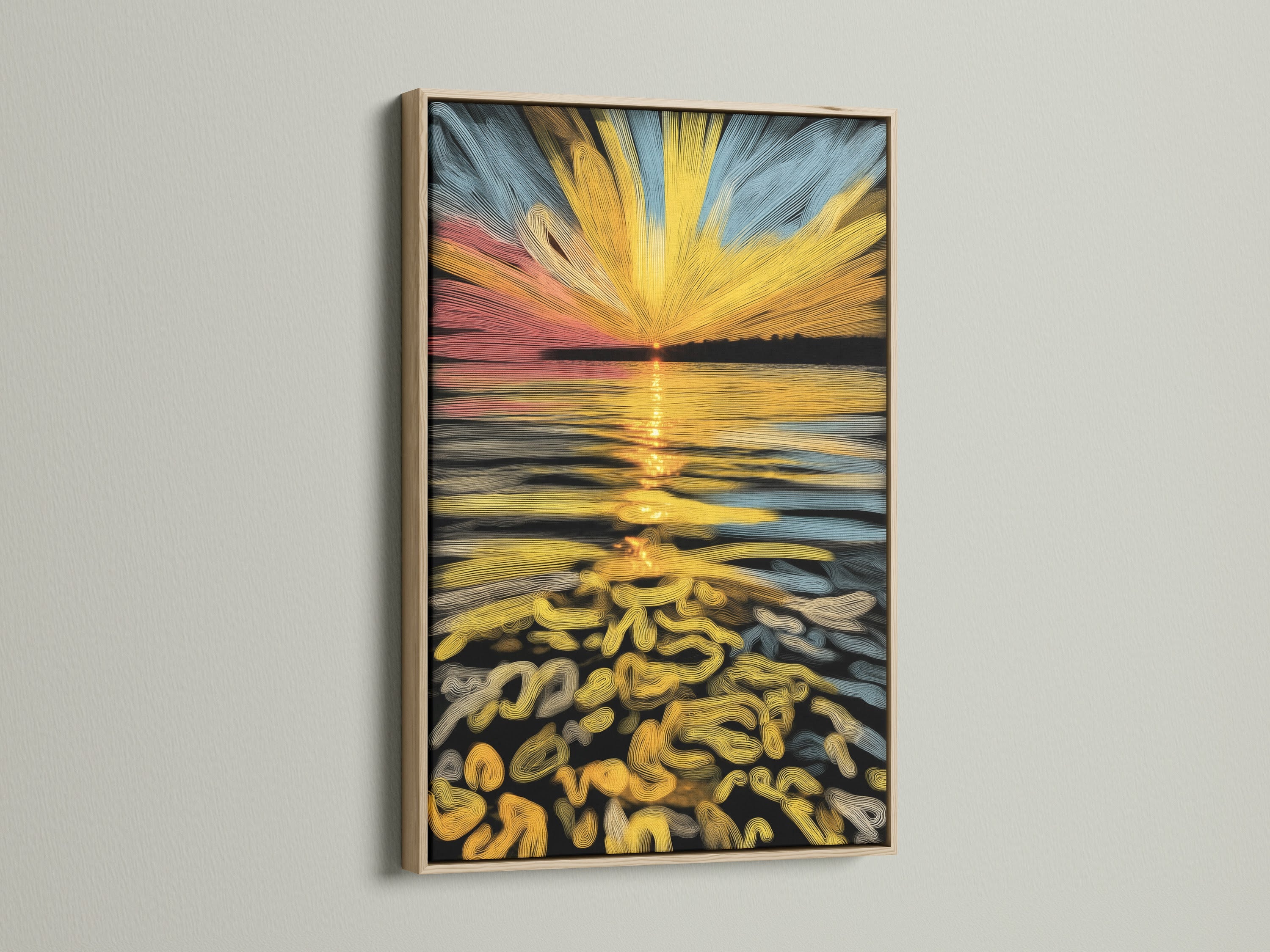A captivating abstract sunset artwork is displayed in an oak frame. The golden ocean wave art adds a touch of elegance to any space. It's ideal for living rooms bedrooms or as a unique housewarming gift. This canvas print enhances coastal minimalist and contemporary styles.