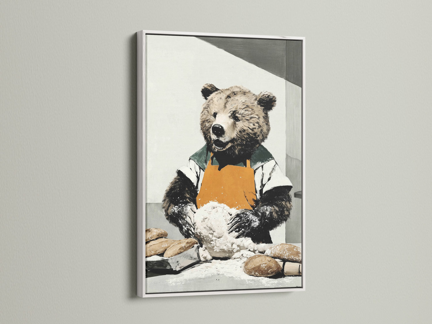 Showcasing the bear baker artwork in a clean white frame. The white frame offers a modern contrast to the rustic artwork. Ideal for brightening up your kitchen. This piece complements any dining room. Discover animal art prints now.